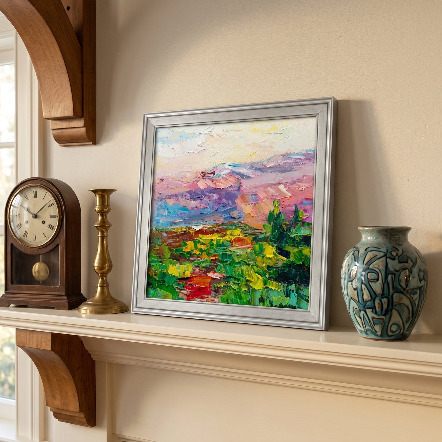 Traditional living room — vibrant Impressionist landscape elevates mantel with color and texture