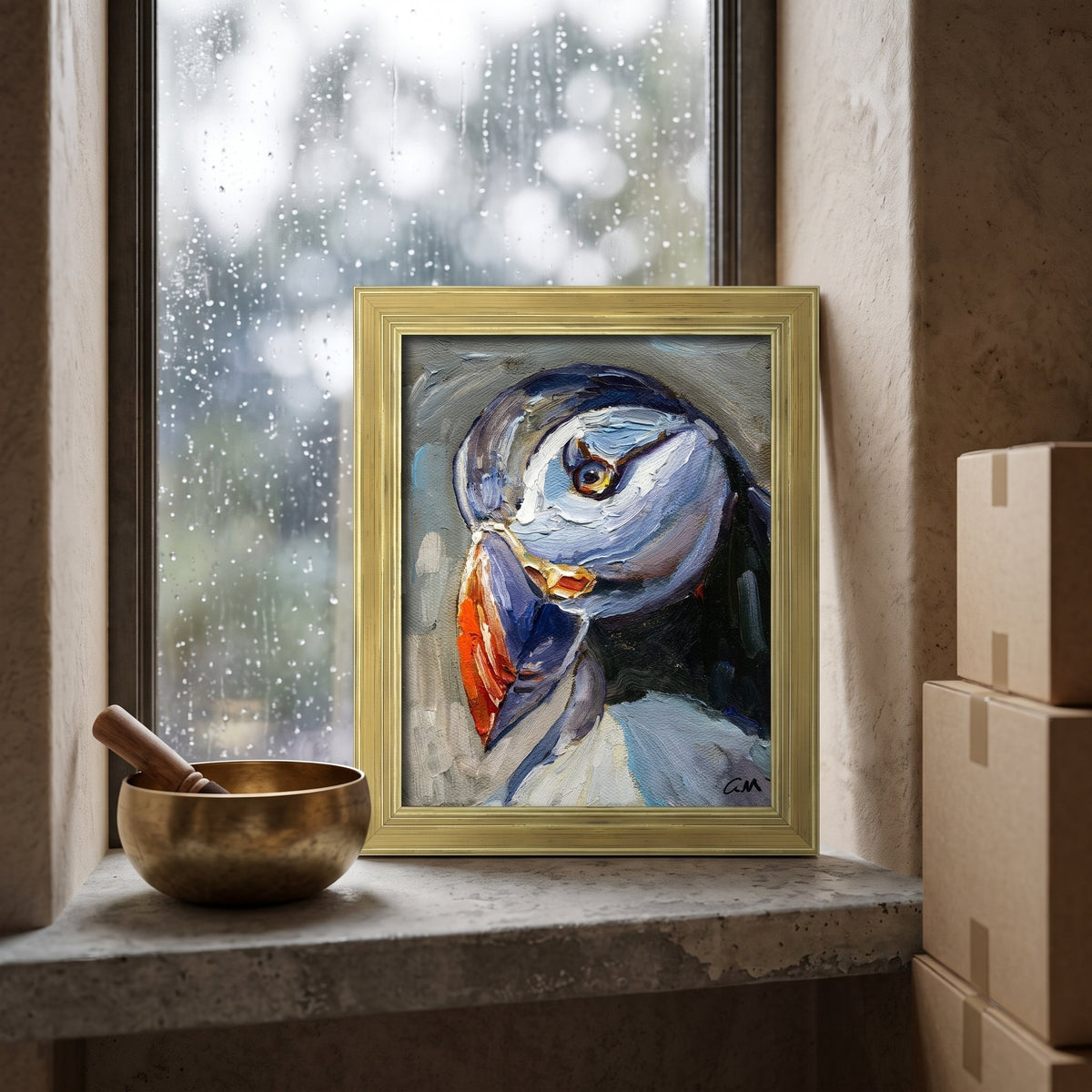 Minimalist entryway — expressive puffin painting adds vibrant color and soulful texture to a serene, rainlit space