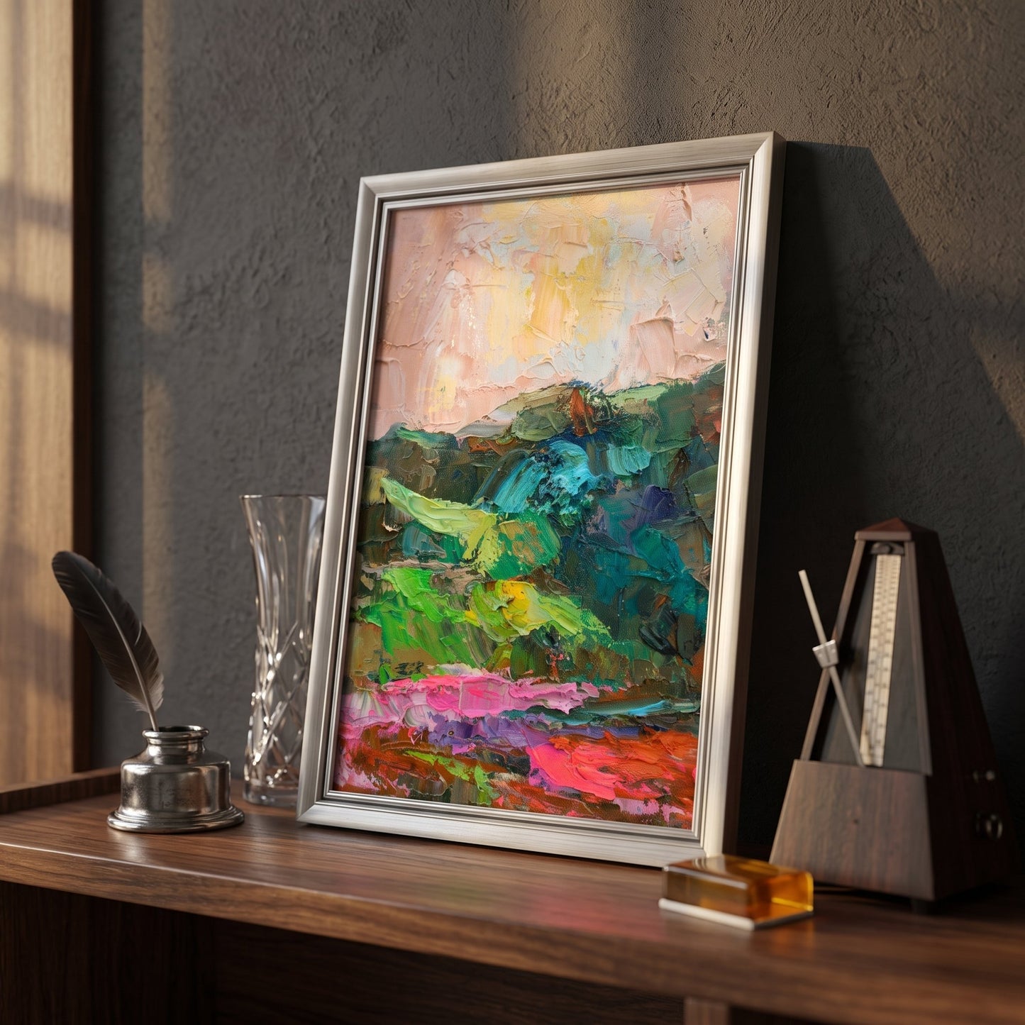 Contemporary study — vibrant expressionist landscape painting adds color and artistic energy to minimalist workspace