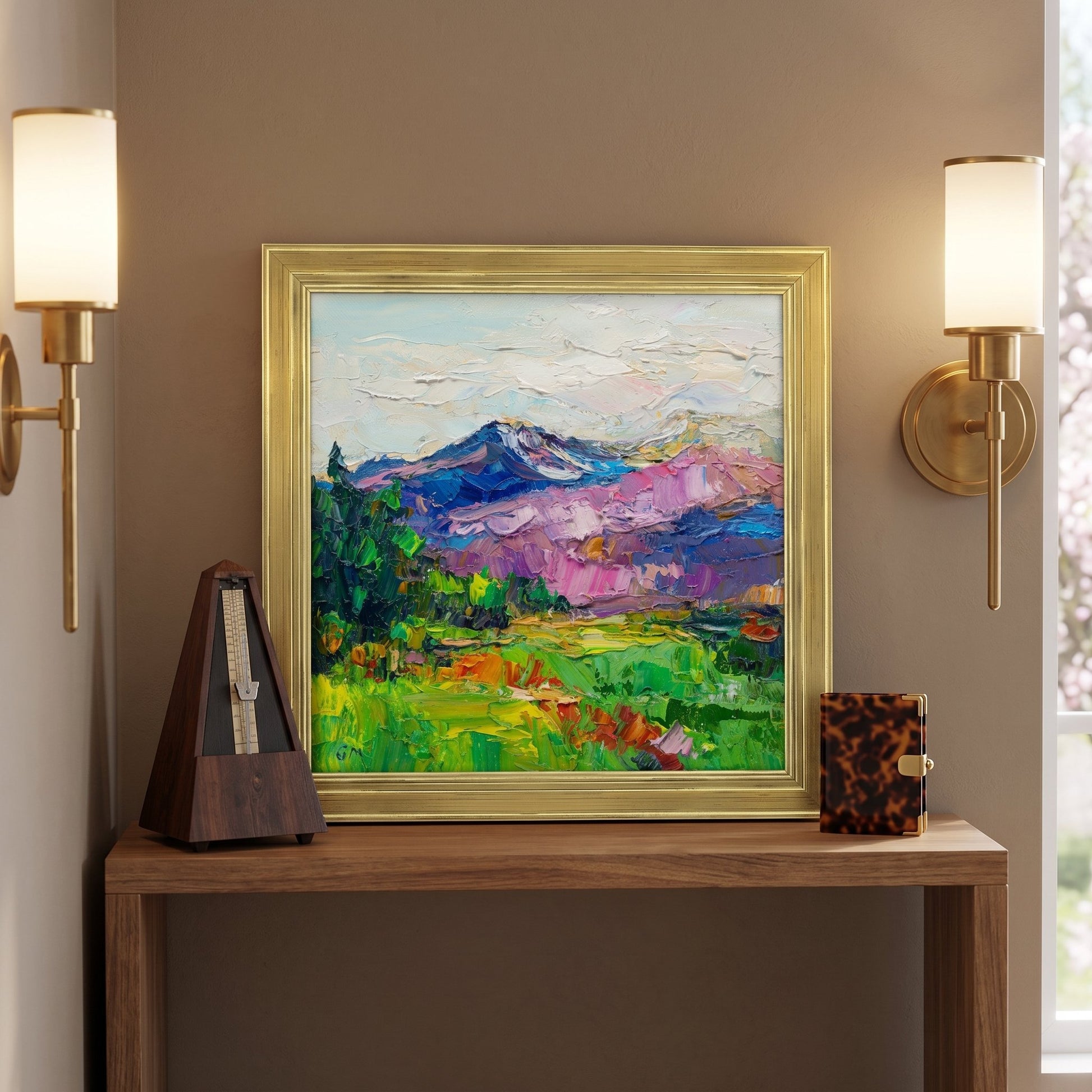 Contemporary entryway — vibrant Impressionist landscape transforms neutral space with bold color and texture