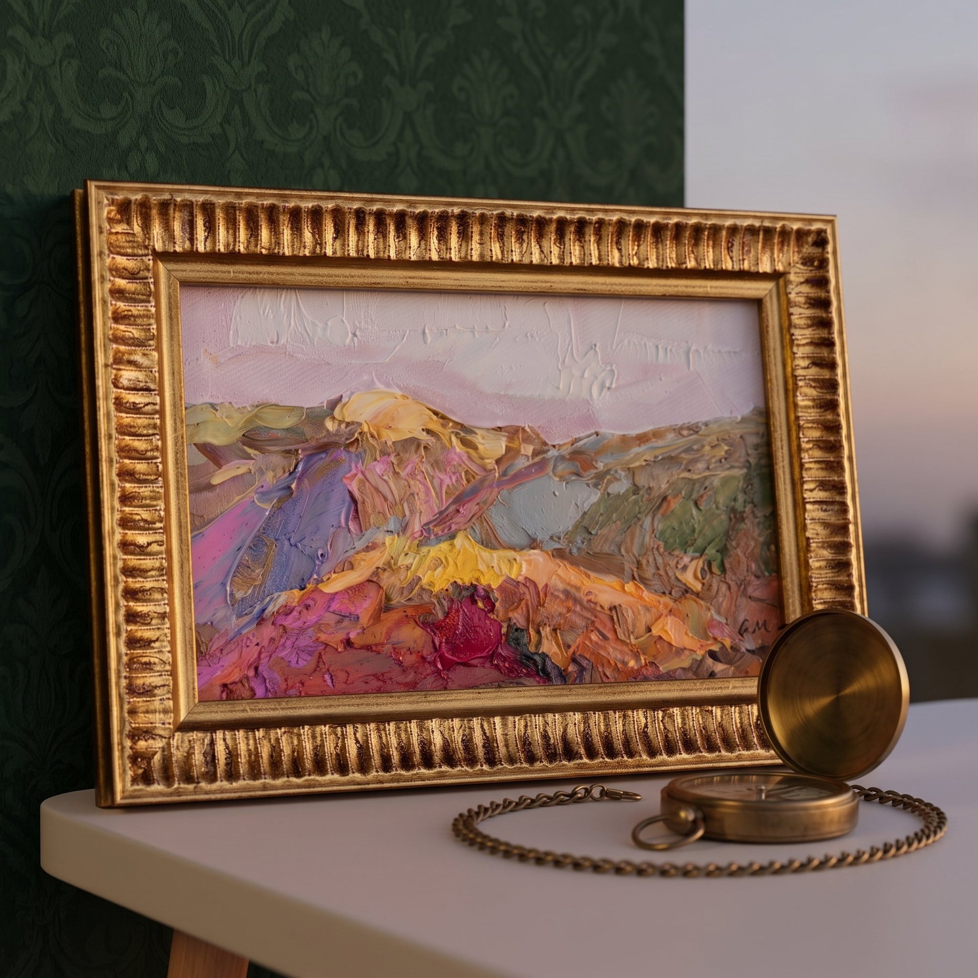 Study with vintage decor — expressive landscape painting adds vibrant color and emotional depth to the space