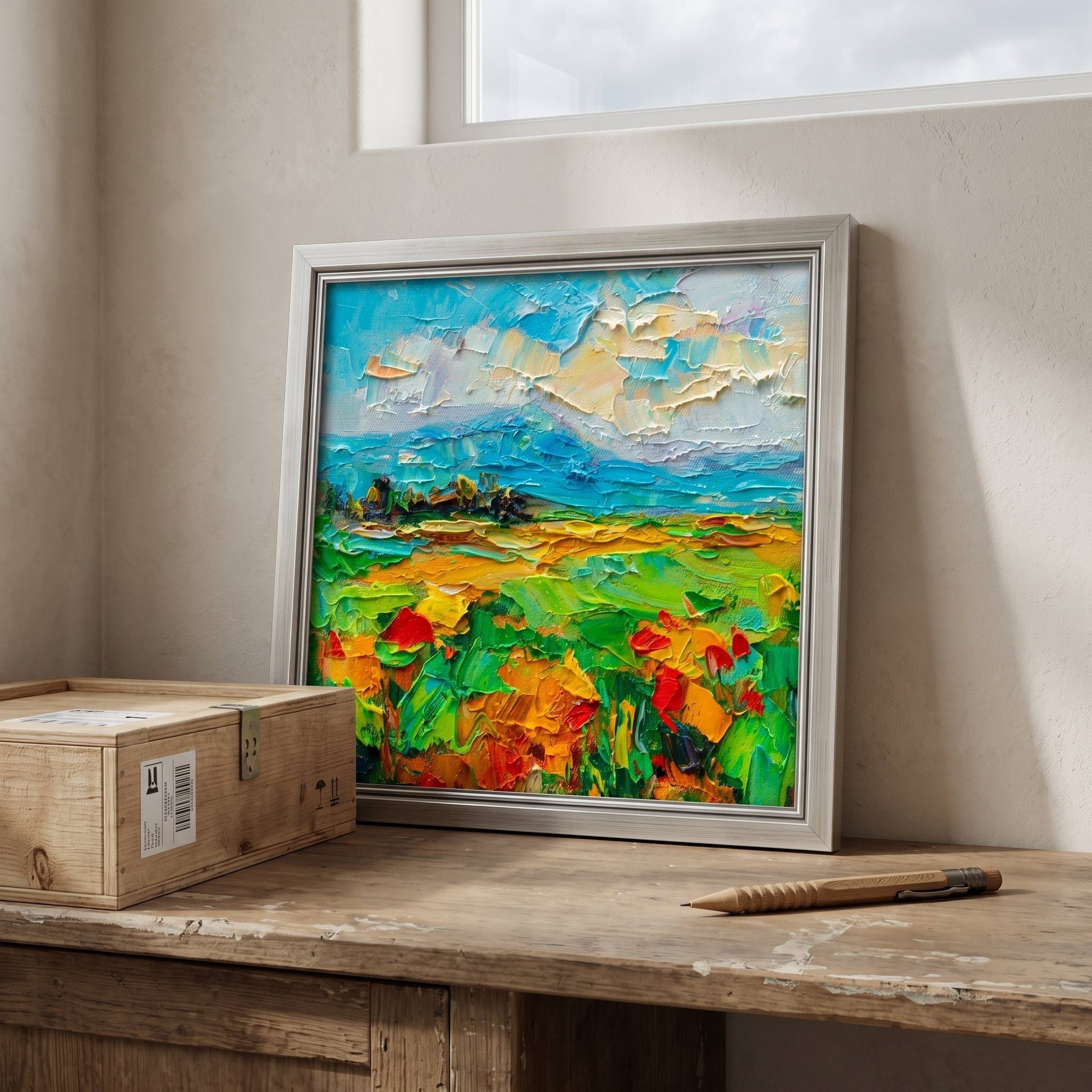 Rustic Farmhouse Study — Vibrant Impressionist Landscape Adds Color and Energy to Natural Wood Workspace