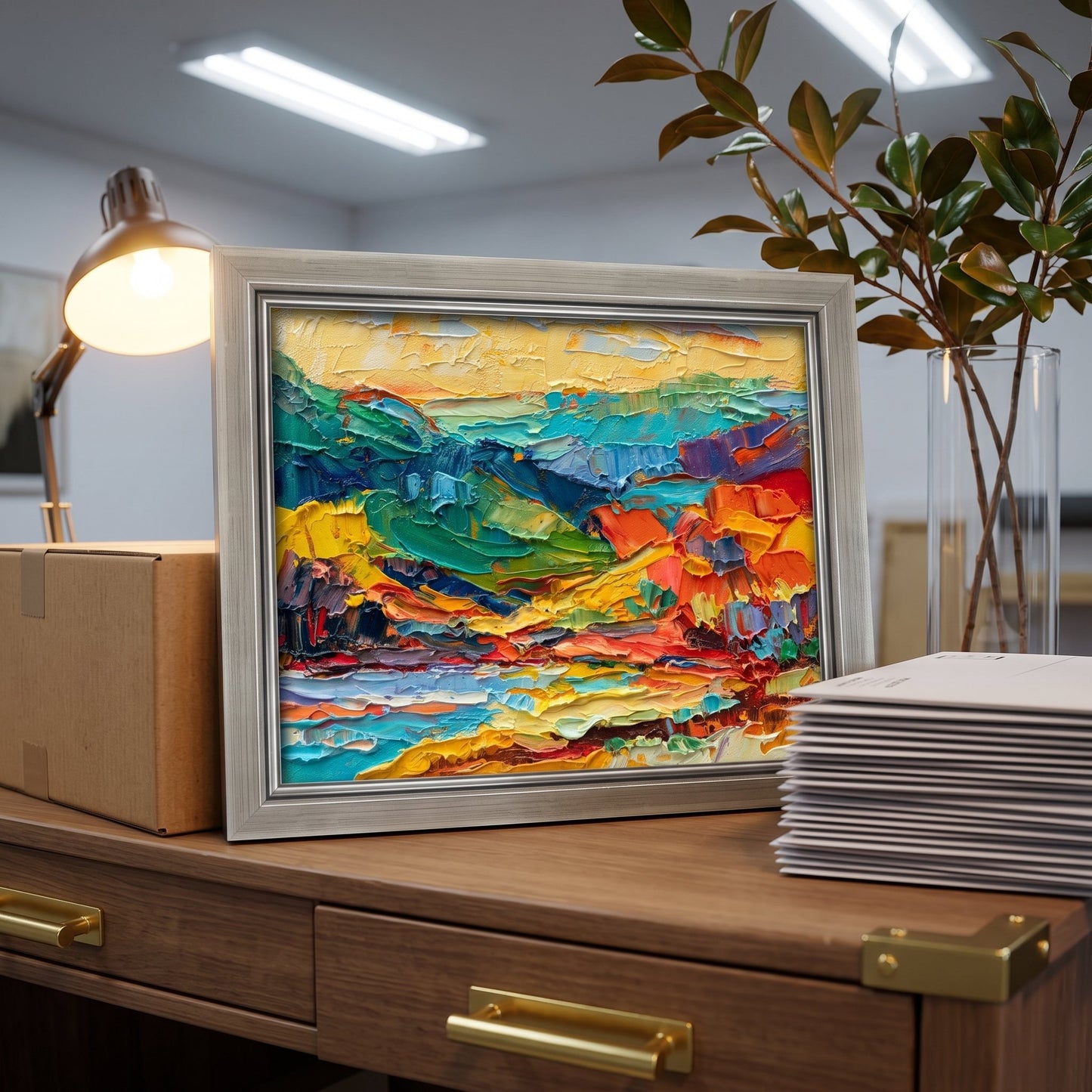 Modern Home Office — Vibrant expressionist landscape painting adds color and energy to a minimalist workspace