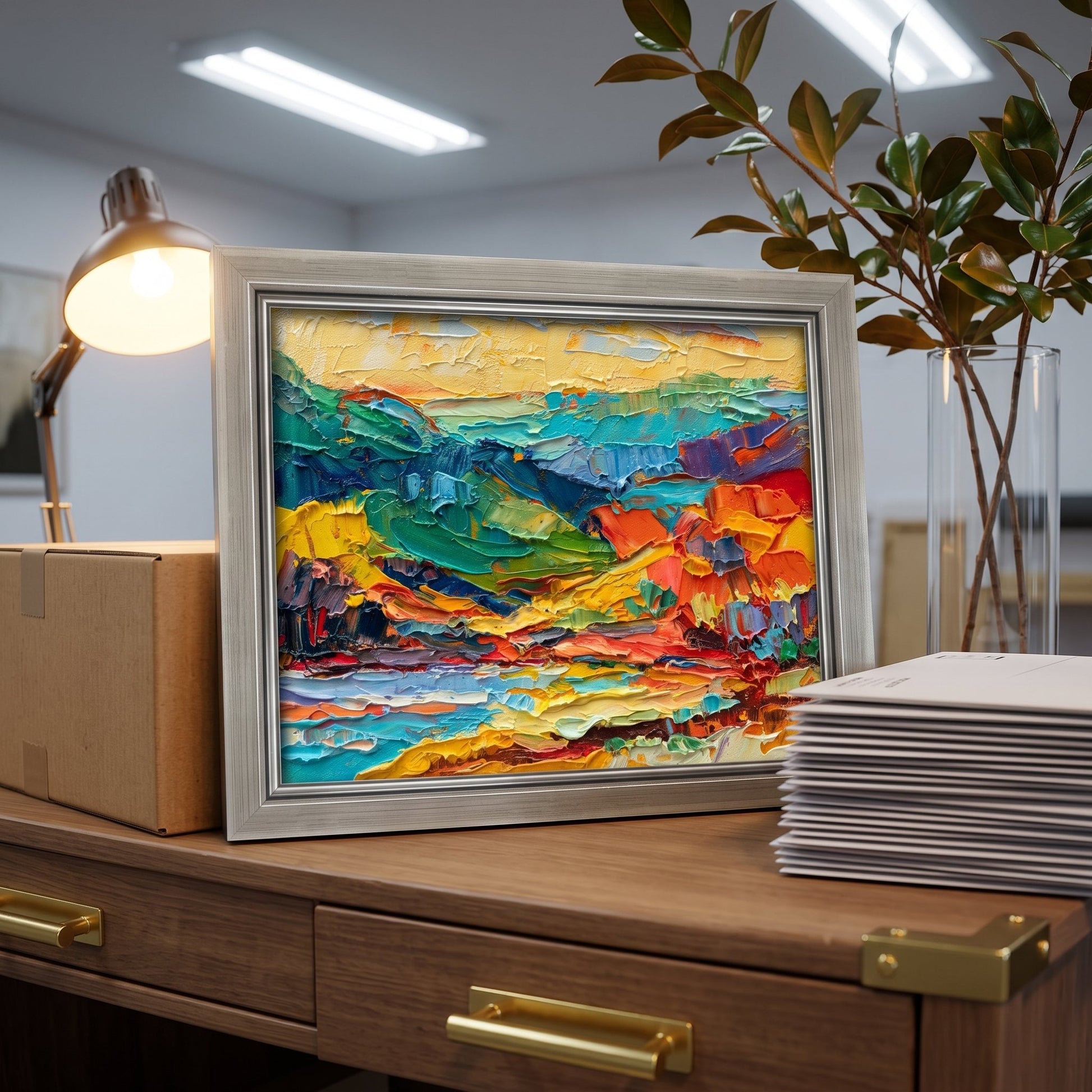 Modern Home Office — Vibrant expressionist landscape painting adds color and energy to a minimalist workspace