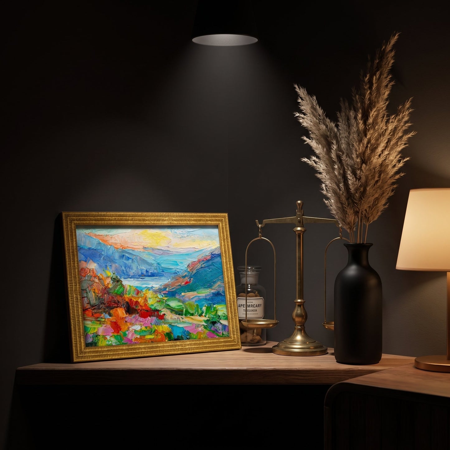 Study, Minimalist — Vibrant landscape painting adds expressive color and warmth to a moody, modern workspace