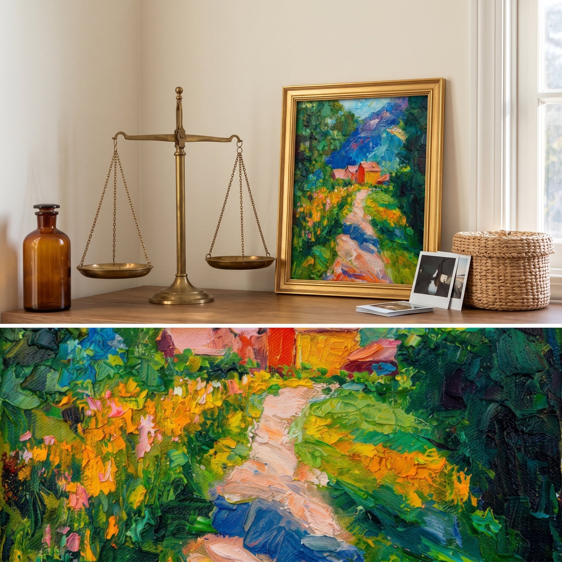 Minimalist living room — vibrant Post-Impressionist landscape painting adds color and depth to neutral space