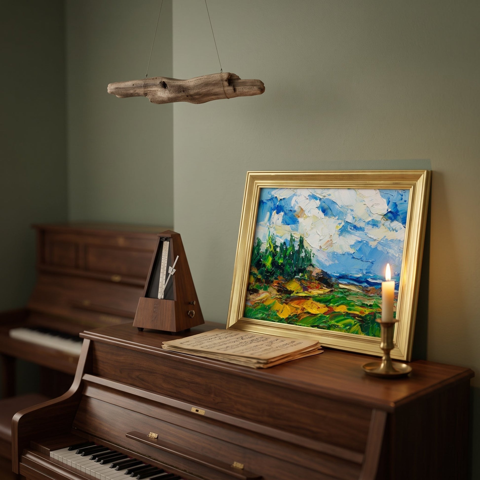 Music room, rustic elegant — vibrant Impressionist landscape painting elevates the space with color and texture