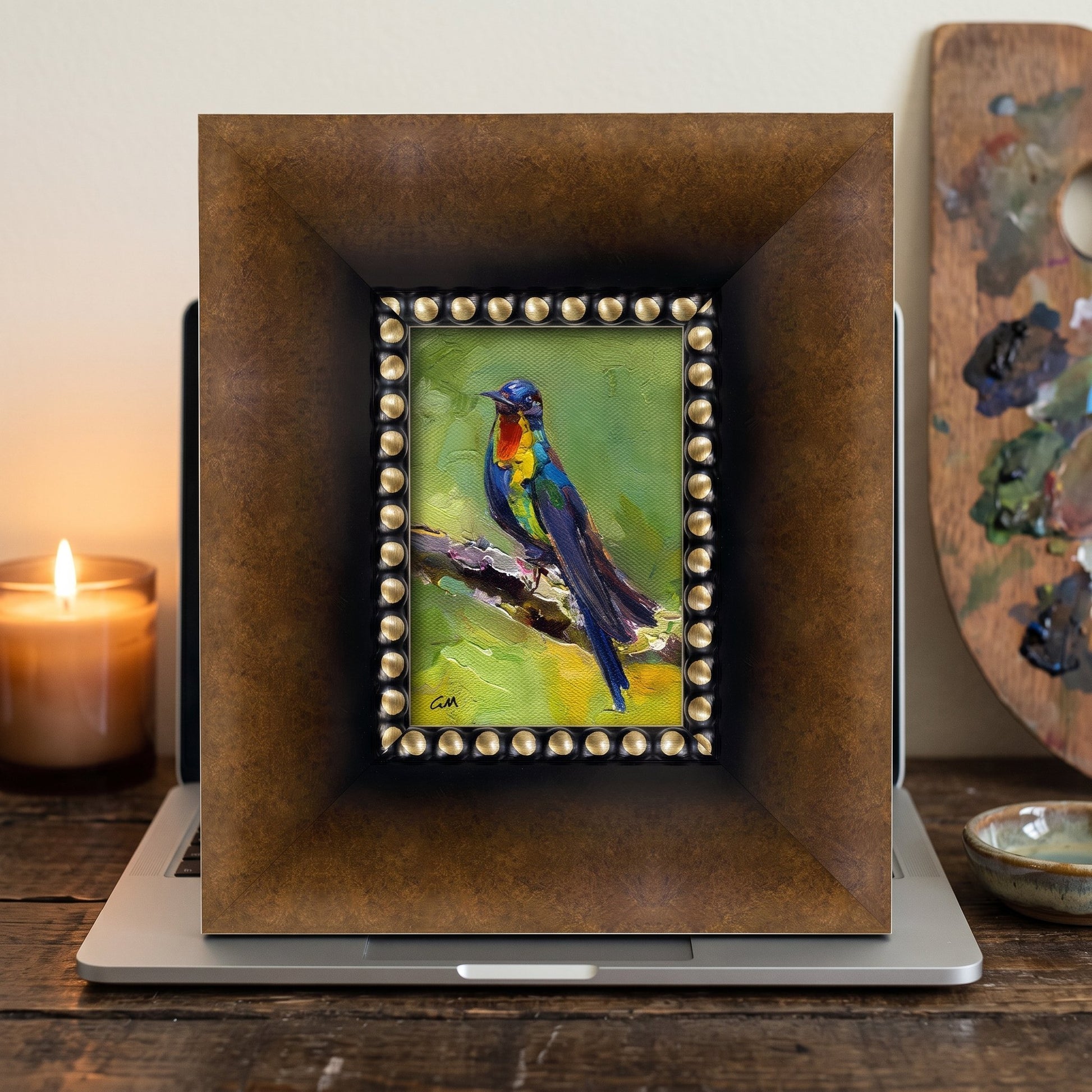 Rustic Farmhouse Study — Vibrant expressionist bird painting adds color and life to a warm, creative workspace