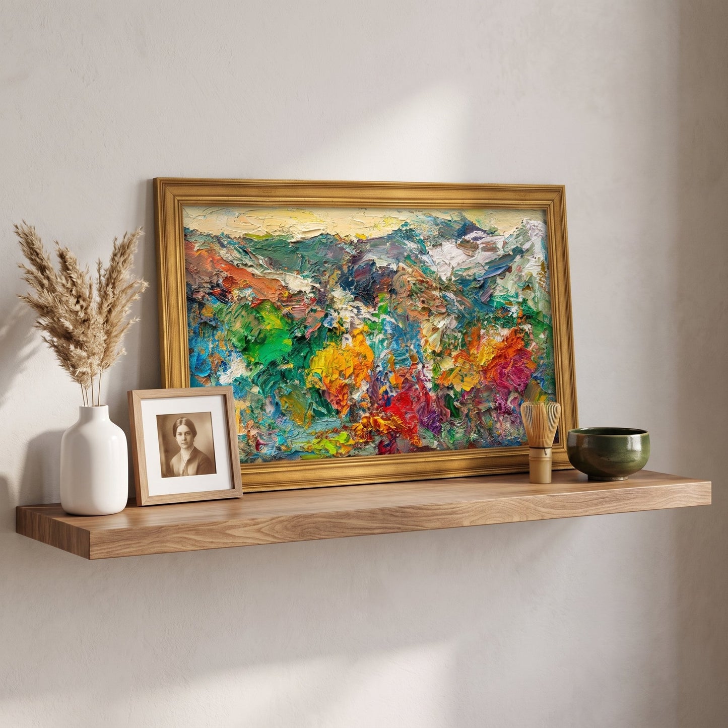 Minimalist living room — Vibrant Expressionist landscape painting adds color and energy to a serene, neutral space