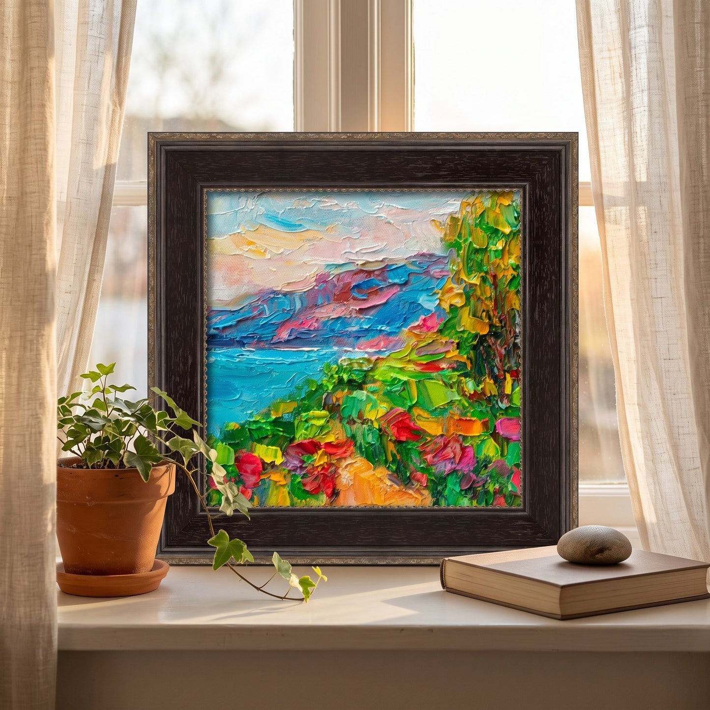 Minimalist Scandinavian living room — vibrant Impressionist landscape transforms the space with bold color and natural energy