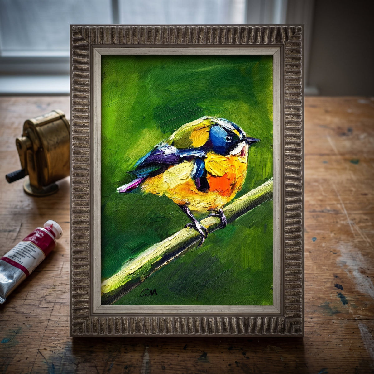 Artist's studio, rustic — vibrant bird painting adds life and color to creative workspace