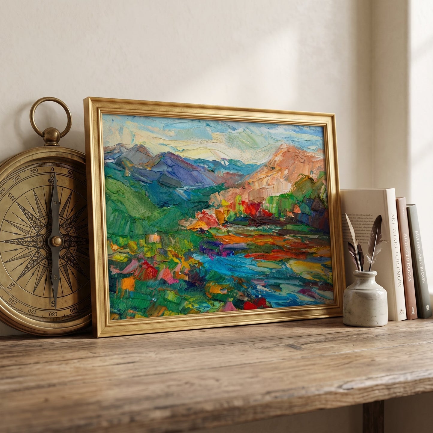 Rustic Farmhouse Study — Vibrant Impressionist landscape elevates the space with color and texture under soft natural light