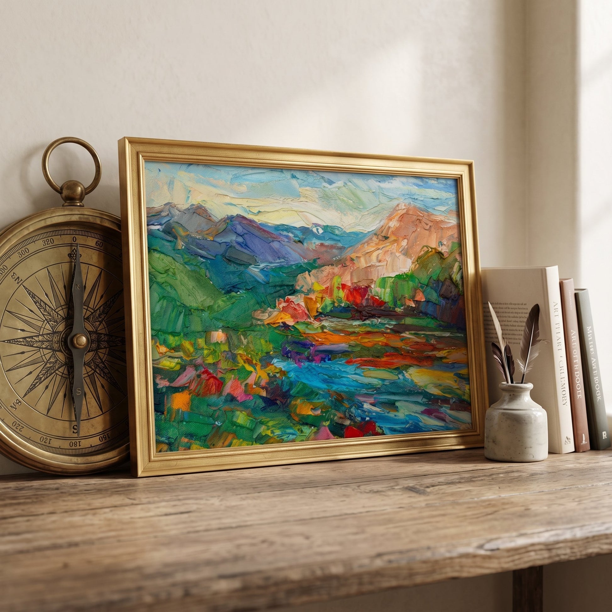 Rustic Farmhouse Study — Vibrant Impressionist landscape elevates the space with color and texture under soft natural light