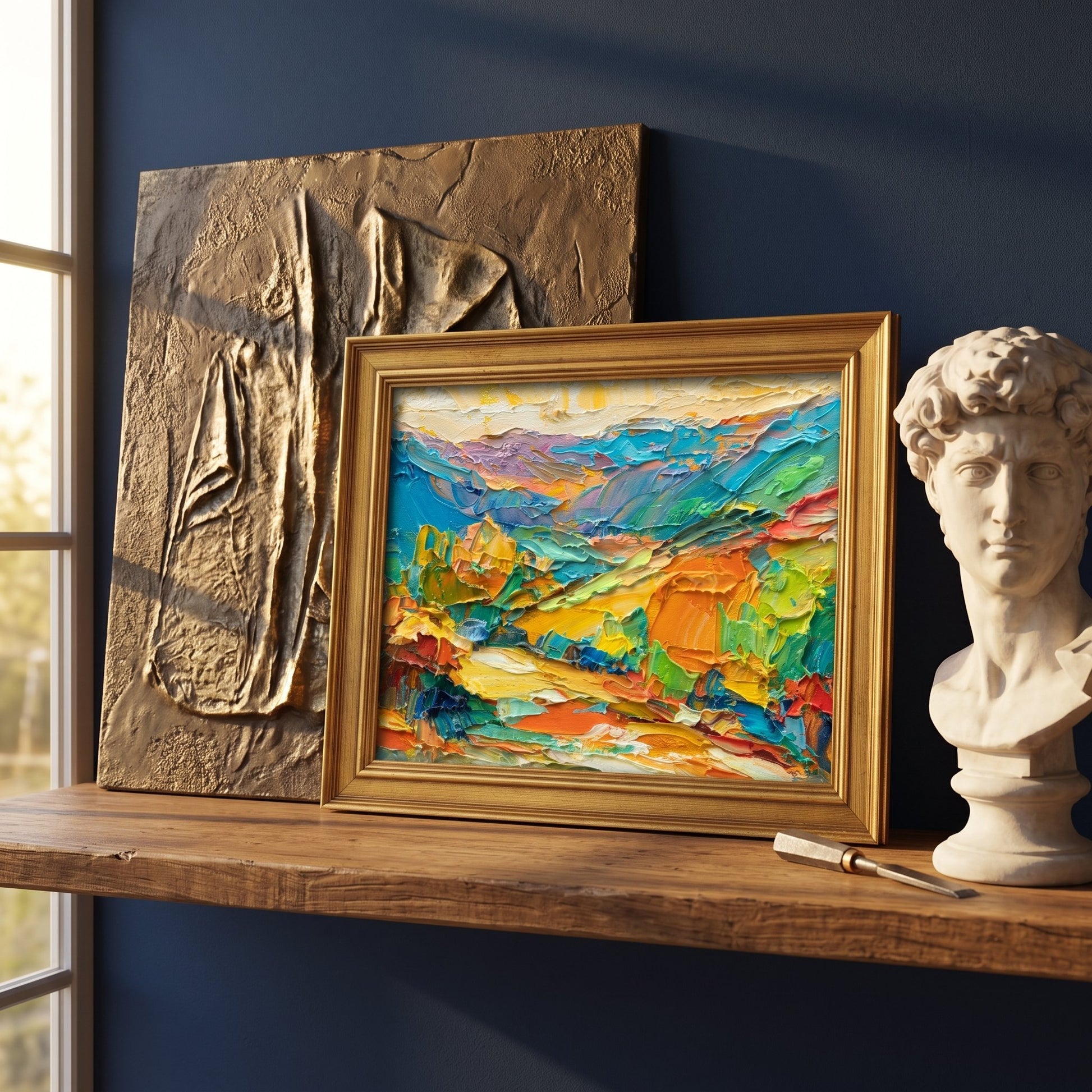 Contemporary study — Vibrant expressionist landscape elevates the space with bold color and texture