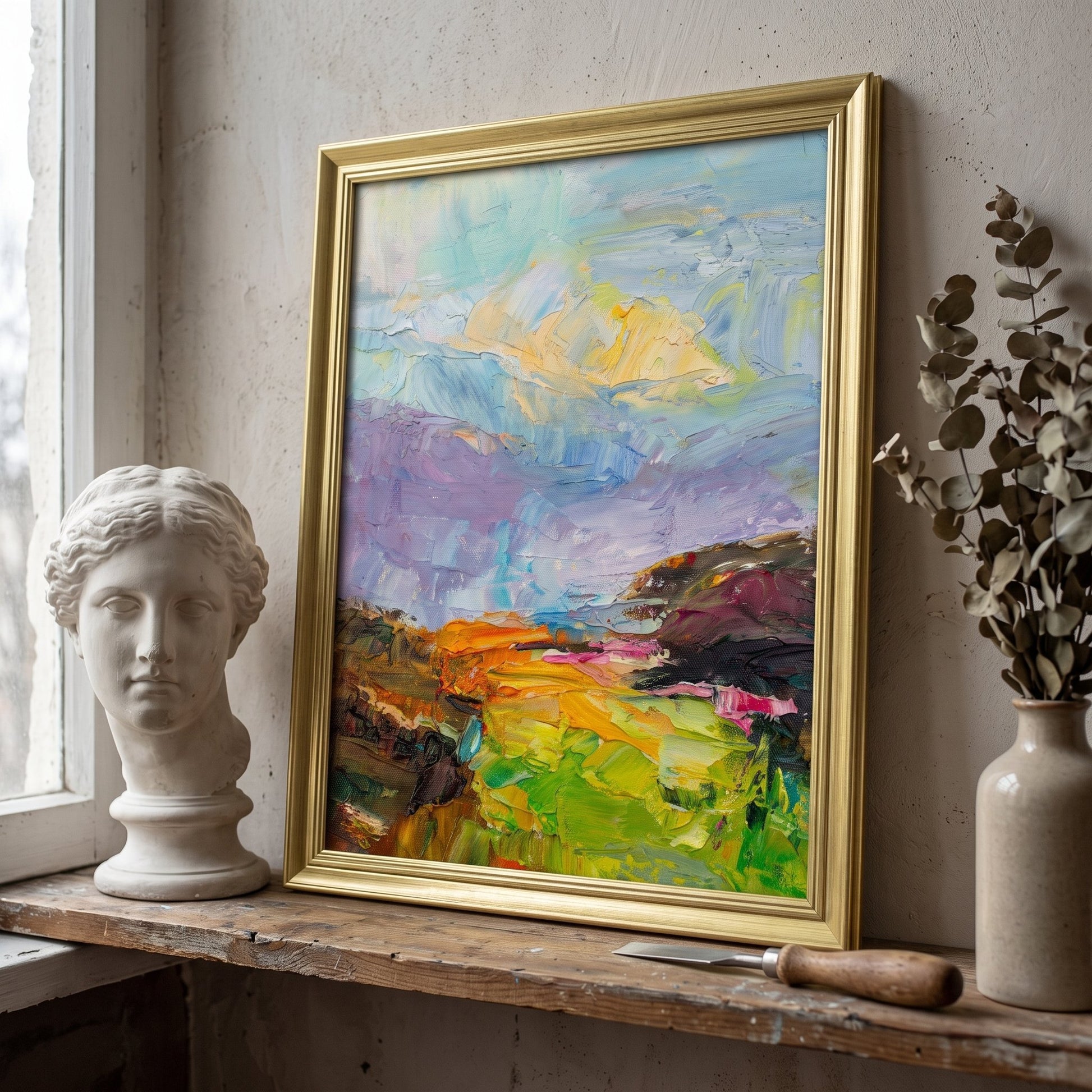 Minimalist studio — vibrant expressionist landscape painting transforms a quiet corner into an artistic focal point