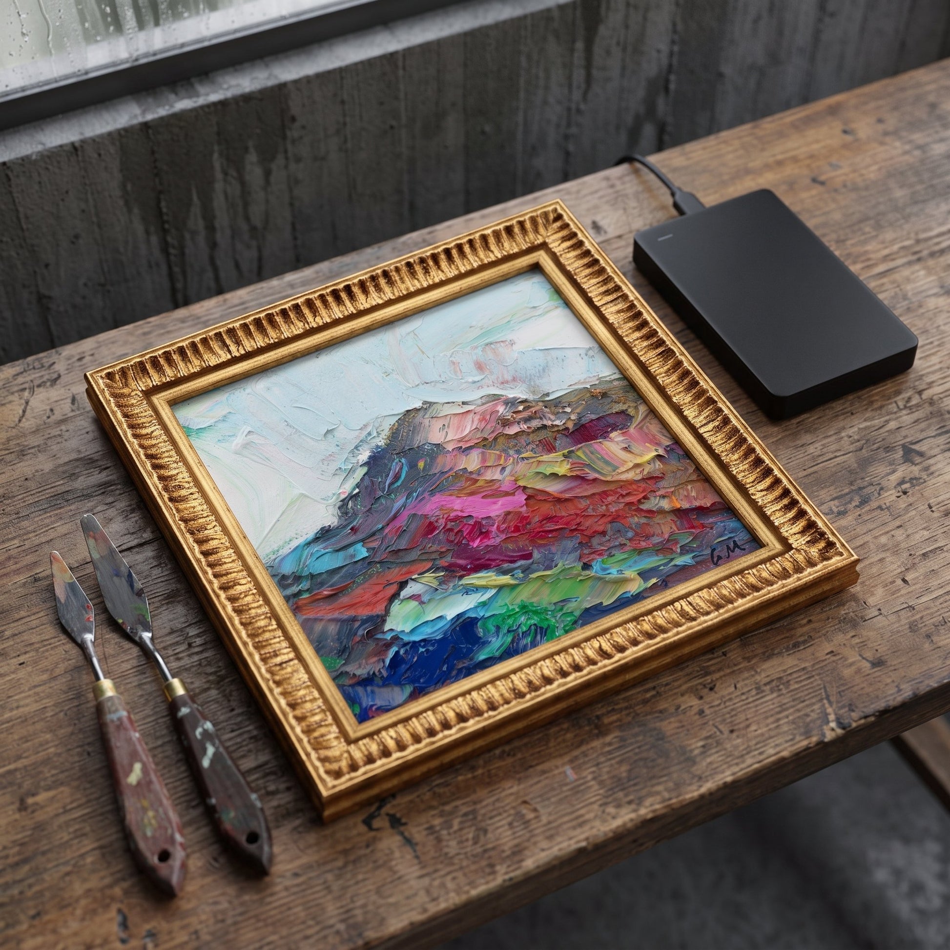Rustic Farmhouse Studio — Vibrant Expressionist Landscape Painting Adds Artistic Energy to Weathered Wood Workbench