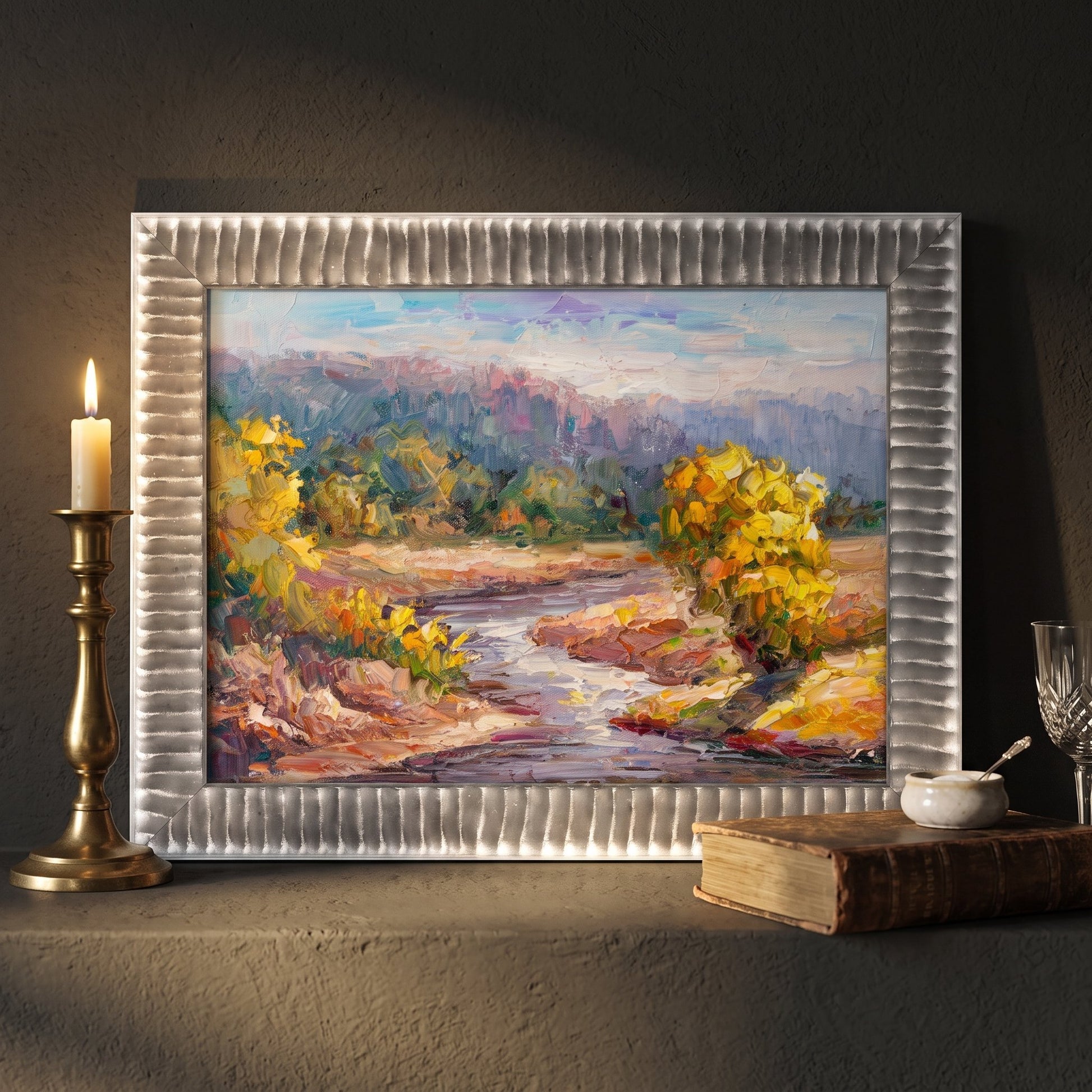 RusticFarmhouseLivingRoom — Impressionist landscape painting adds warmth and texture through vibrant colors and soft candlelight