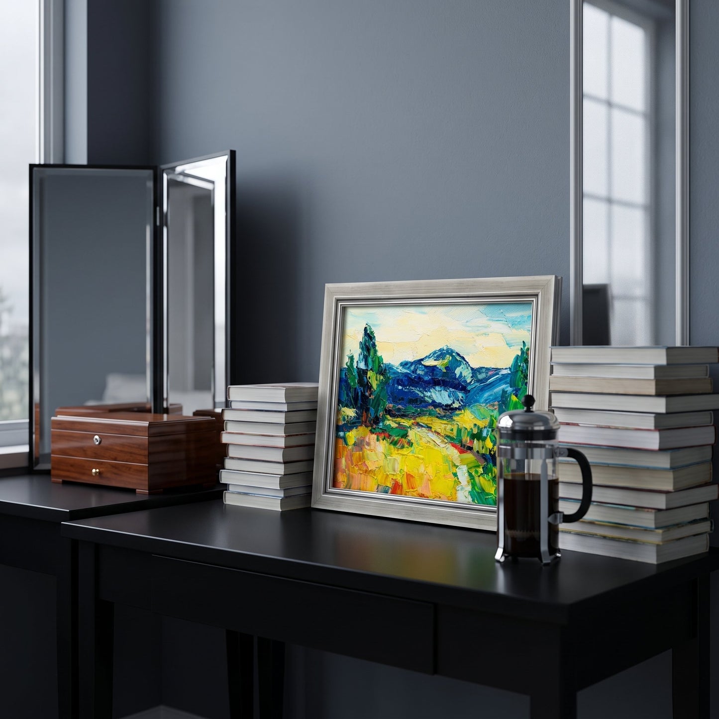 Contemporary Home Office — Vibrant expressionist landscape painting adds color and artistic warmth to a minimalist workspace