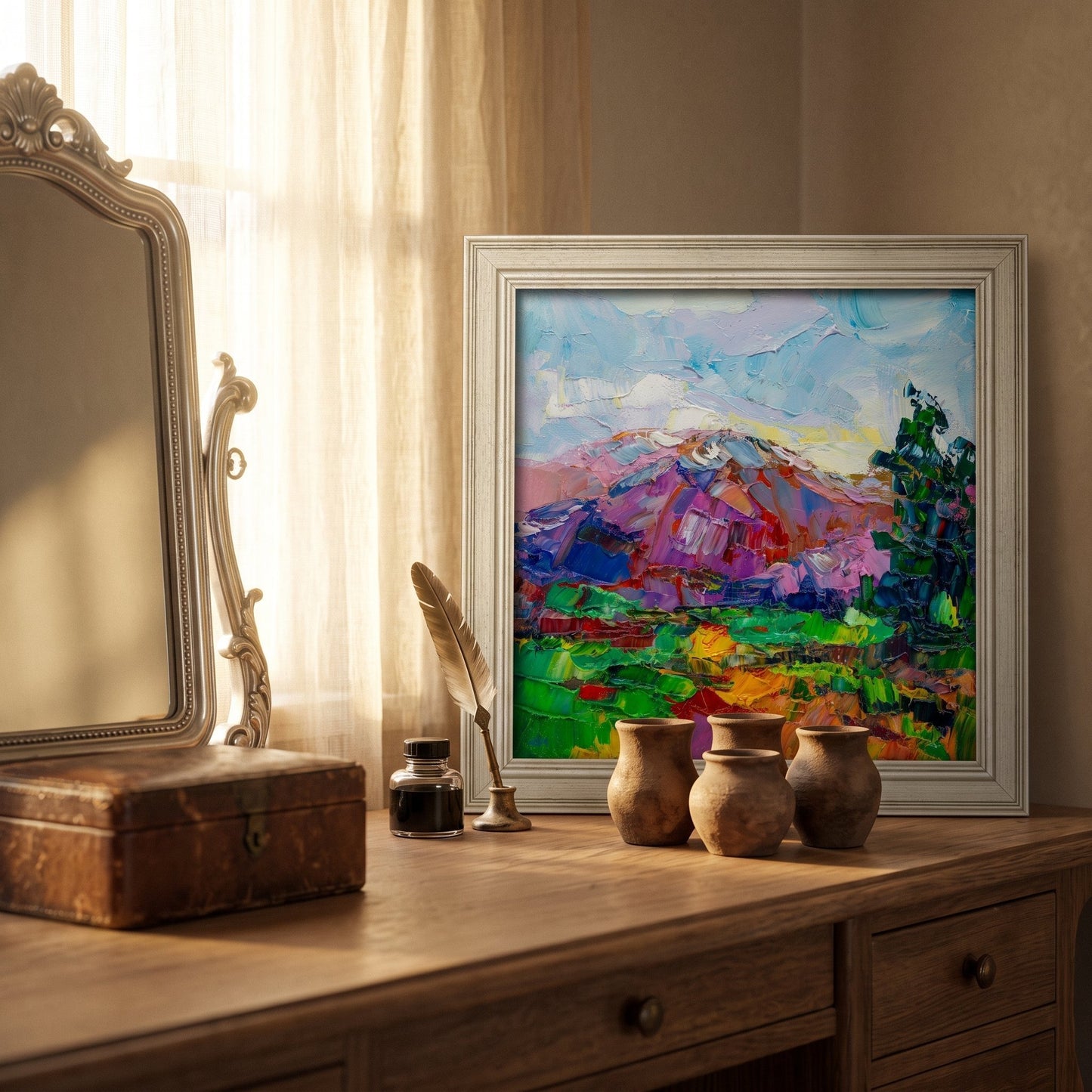 Vintage bedroom — expressive landscape painting adds vibrant color and texture to rustic vanity space