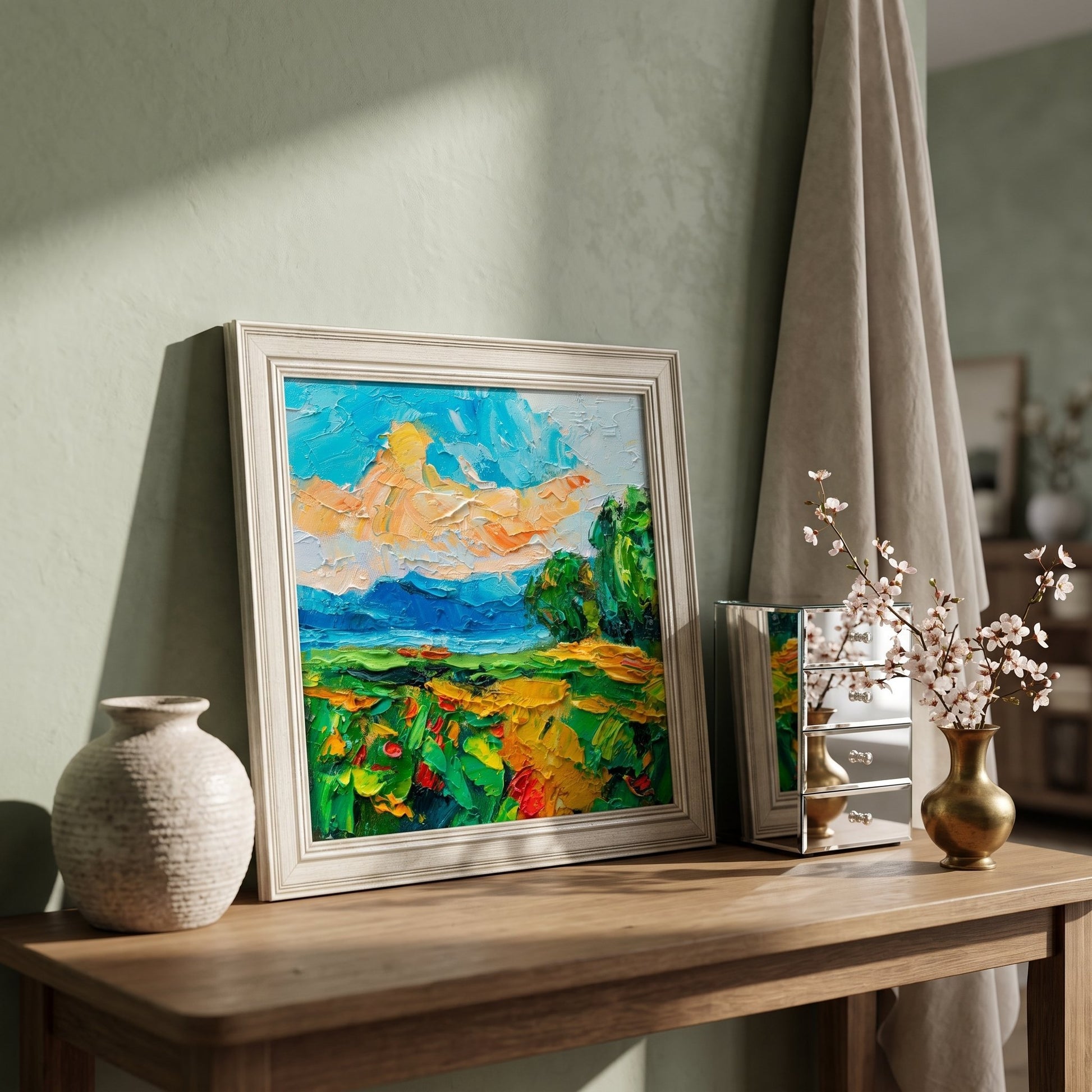 Contemporary entryway — vibrant Impressionist landscape painting adds color and life to minimalist decor