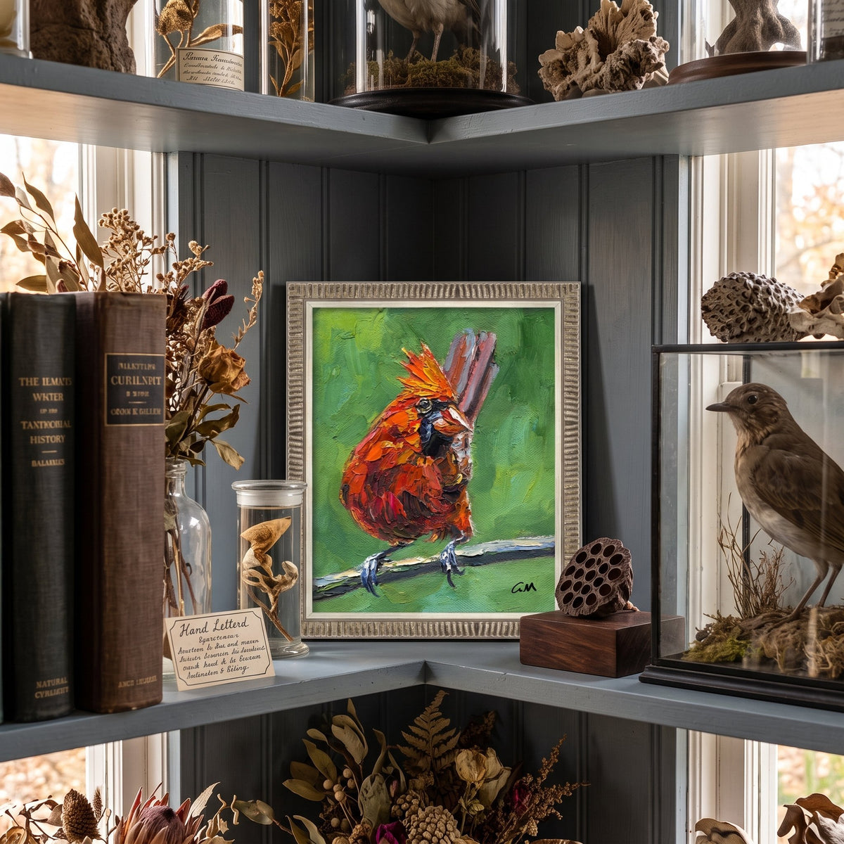 RusticFarmhouseStudy — Vibrant cardinal painting adds bold color and texture to a nature-themed display corner