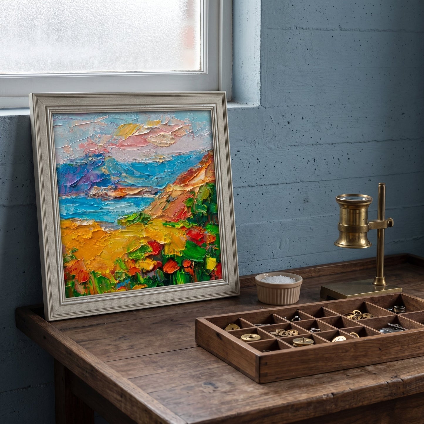Rustic Farmhouse Study — Vibrant Impressionist Landscape Adds Color and Calm to Work Space