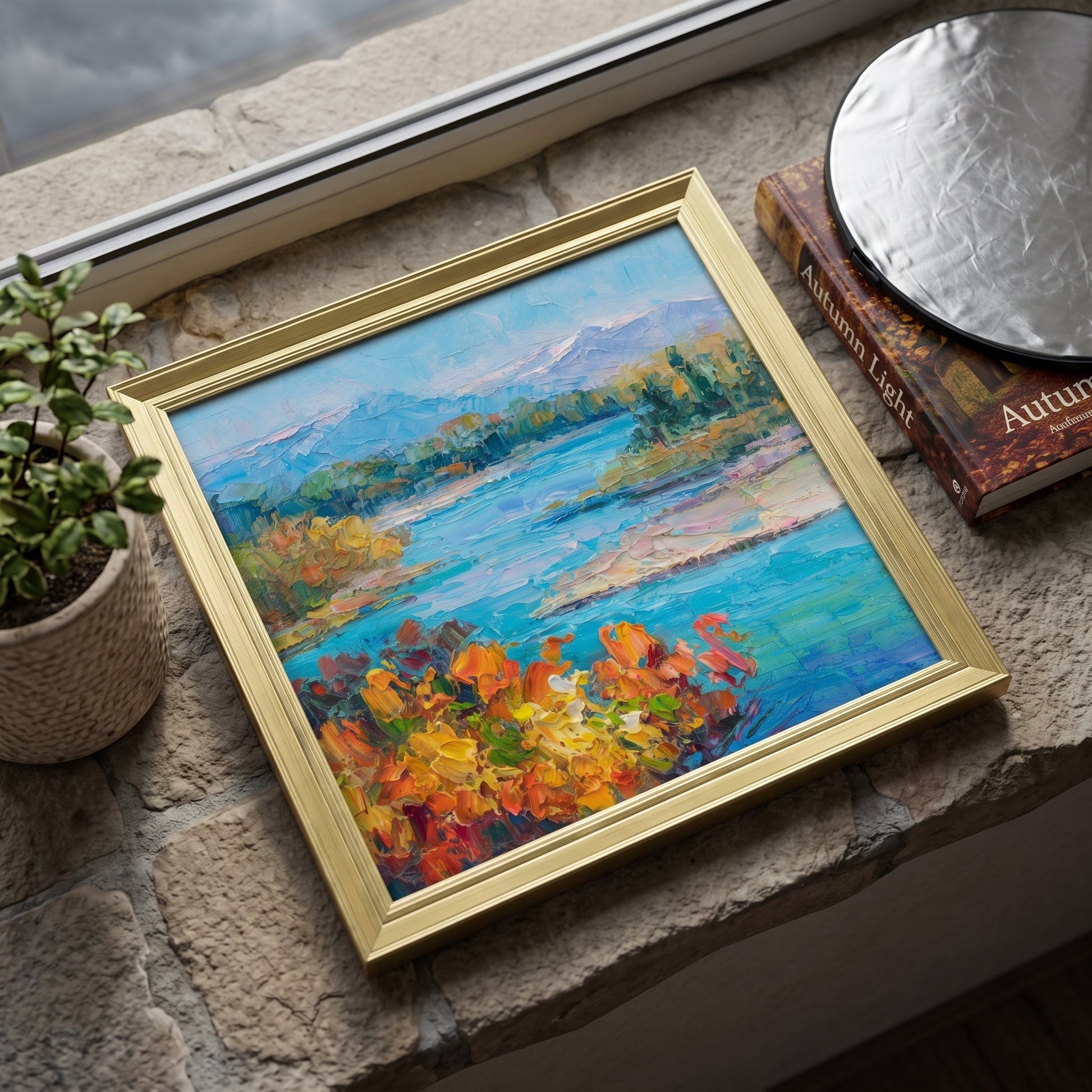 RusticFarmhouseLivingRoom — VibrantImpressionistLandscapePaintingEnhancesNaturalLightAndStoneAccents