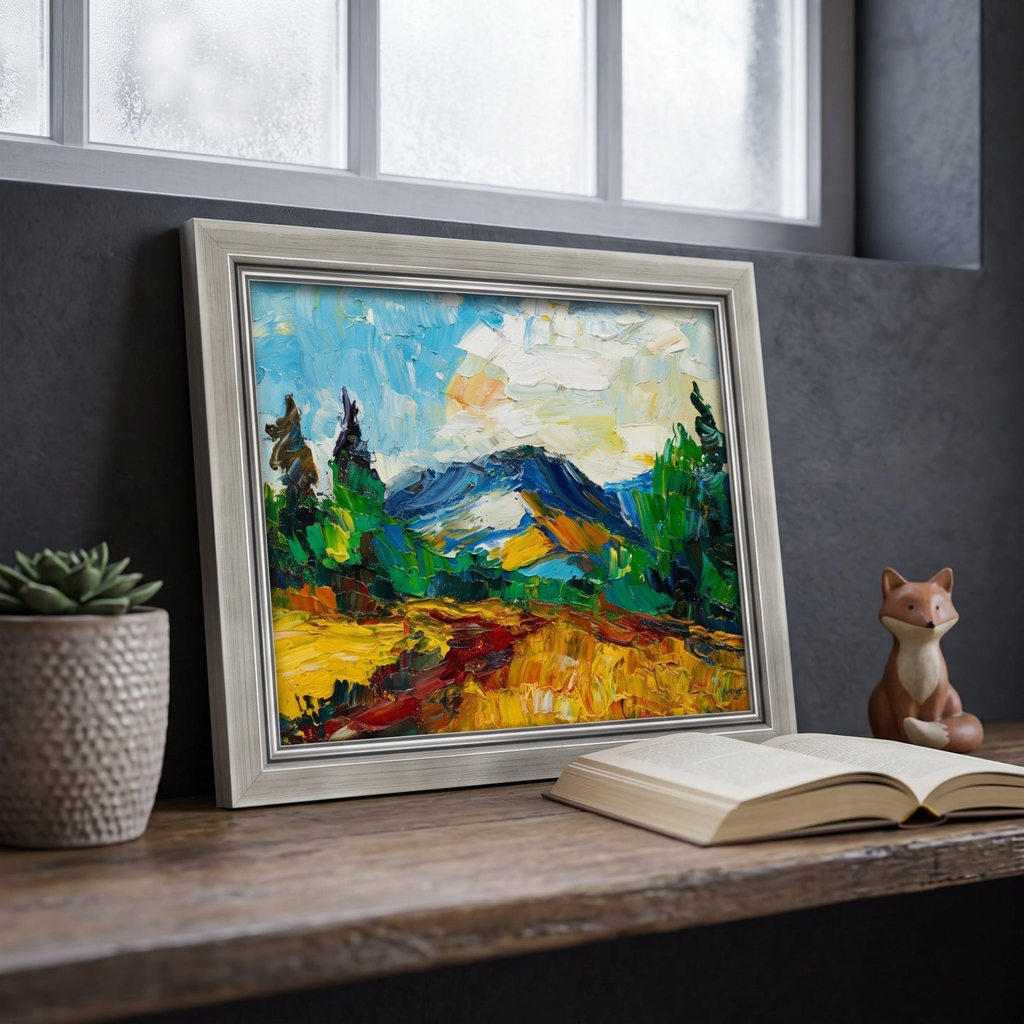 Contemporary study — Vibrant expressionist landscape painting adds color and energy to a minimalist reading nook