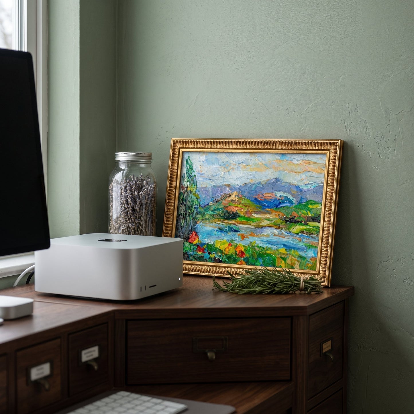 Home office, Scandinavian style — Impressionist landscape painting adds vibrant color and tranquility to a minimalist workspace