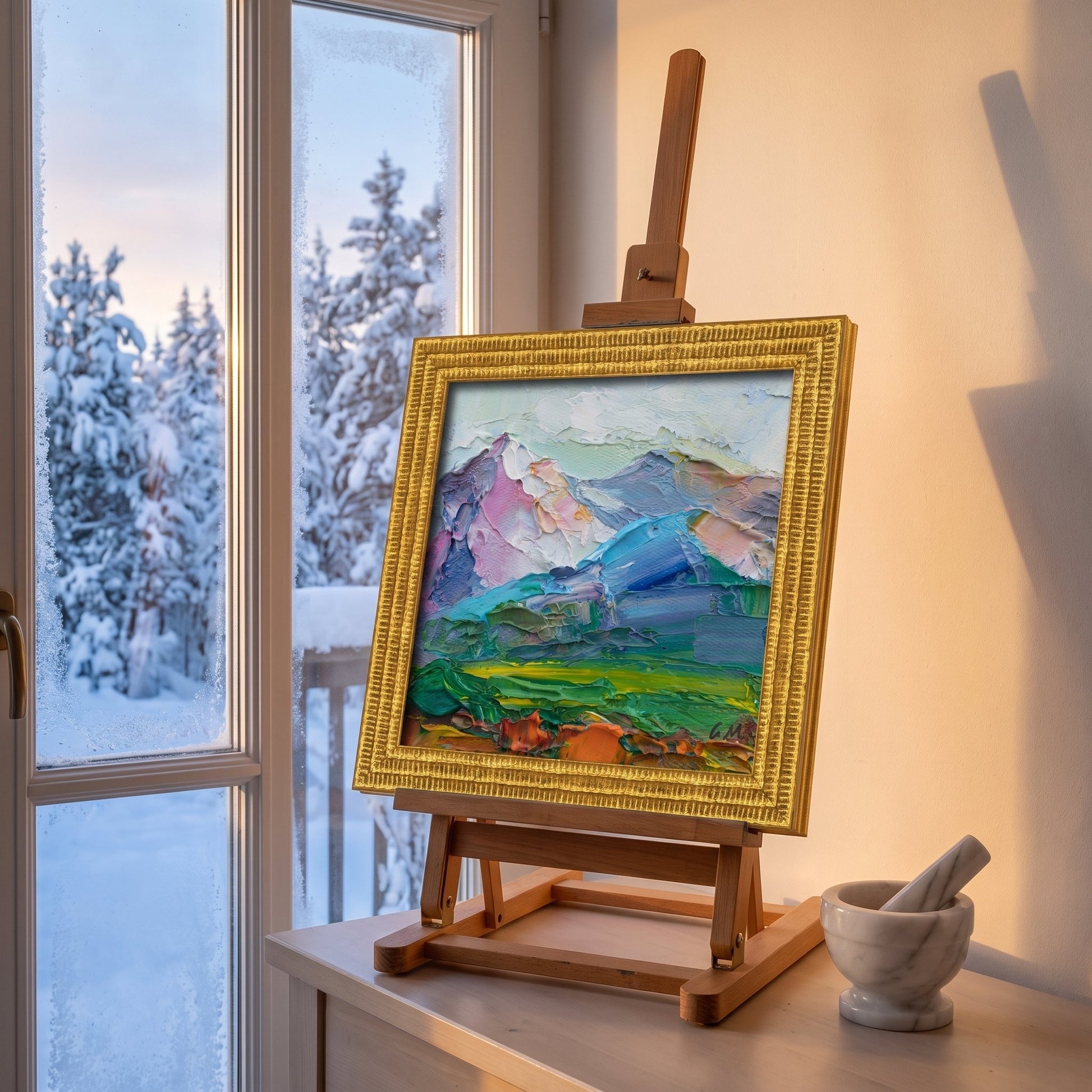 Contemporary mountain retreat living room — vibrant Expressionist landscape painting adds warmth and artistic energy to the serene space