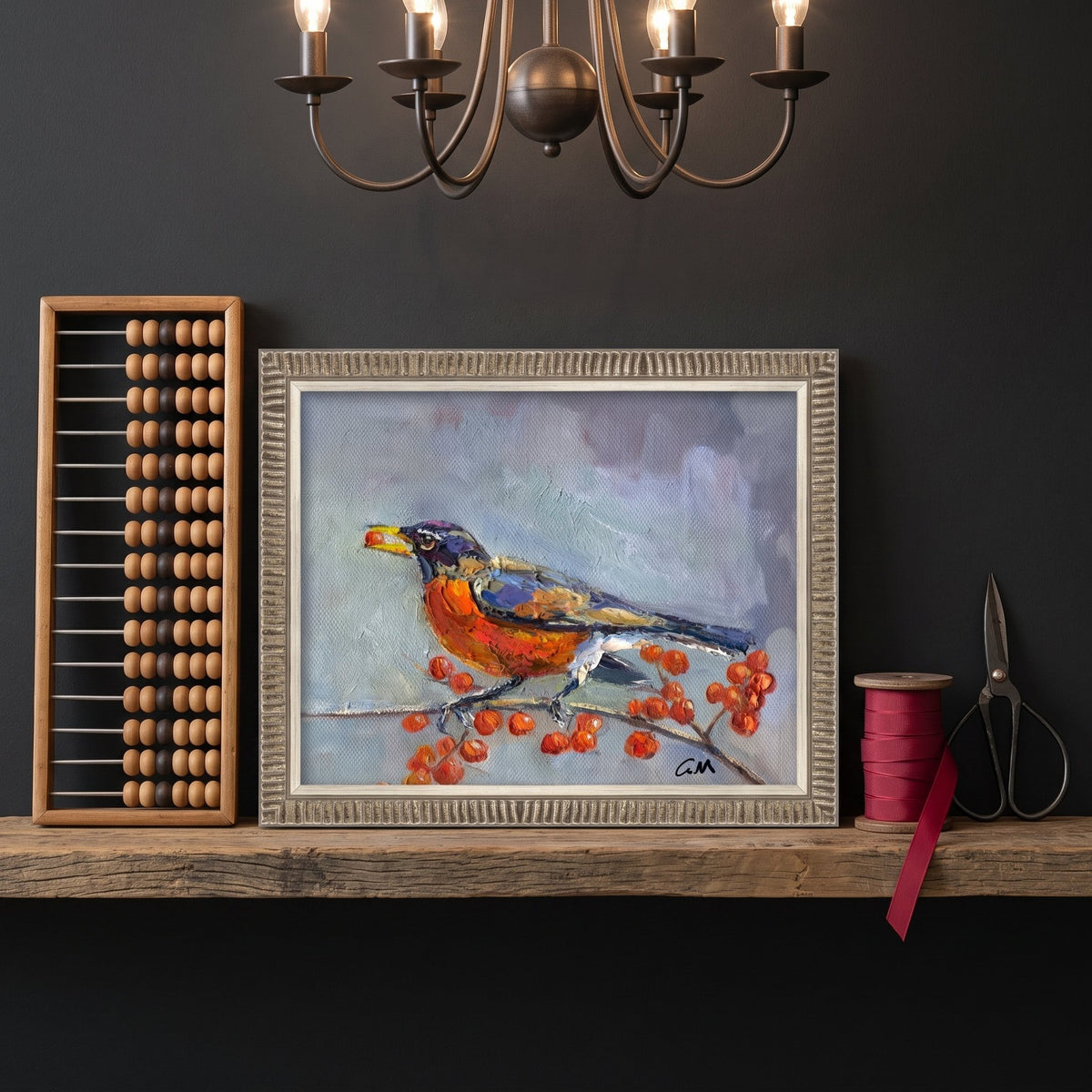 Rustic Farmhouse Entryway — Original Impressionist bird painting adds vibrant life and warmth to a dark, curated space