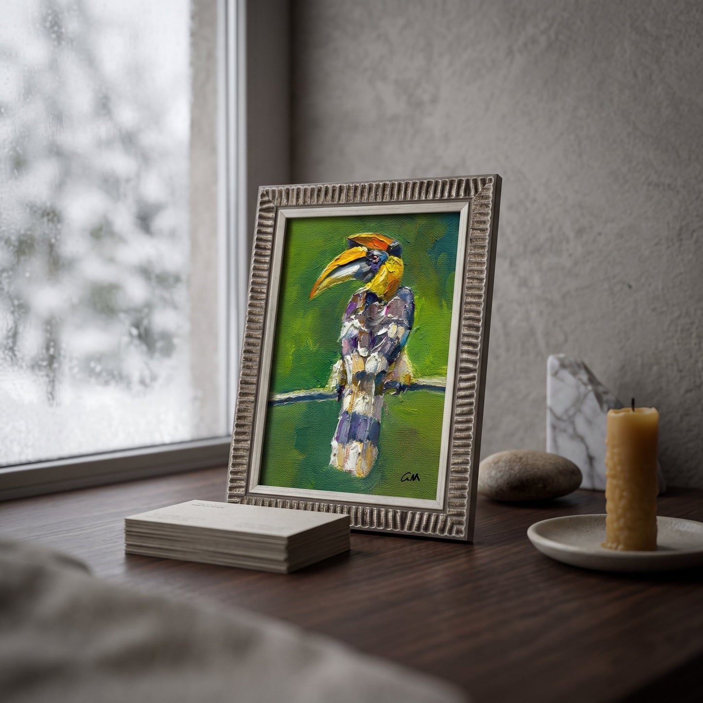 Minimalist bedroom — Vibrant expressionist bird painting adds color and life to a serene, neutral-toned space
