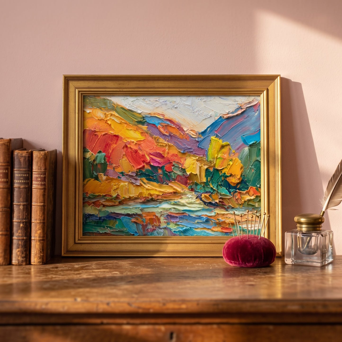 RusticFarmhouseStudy — VibrantExpressionistLandscapeElevatesVintageDeskWithBoldColorAndTexture