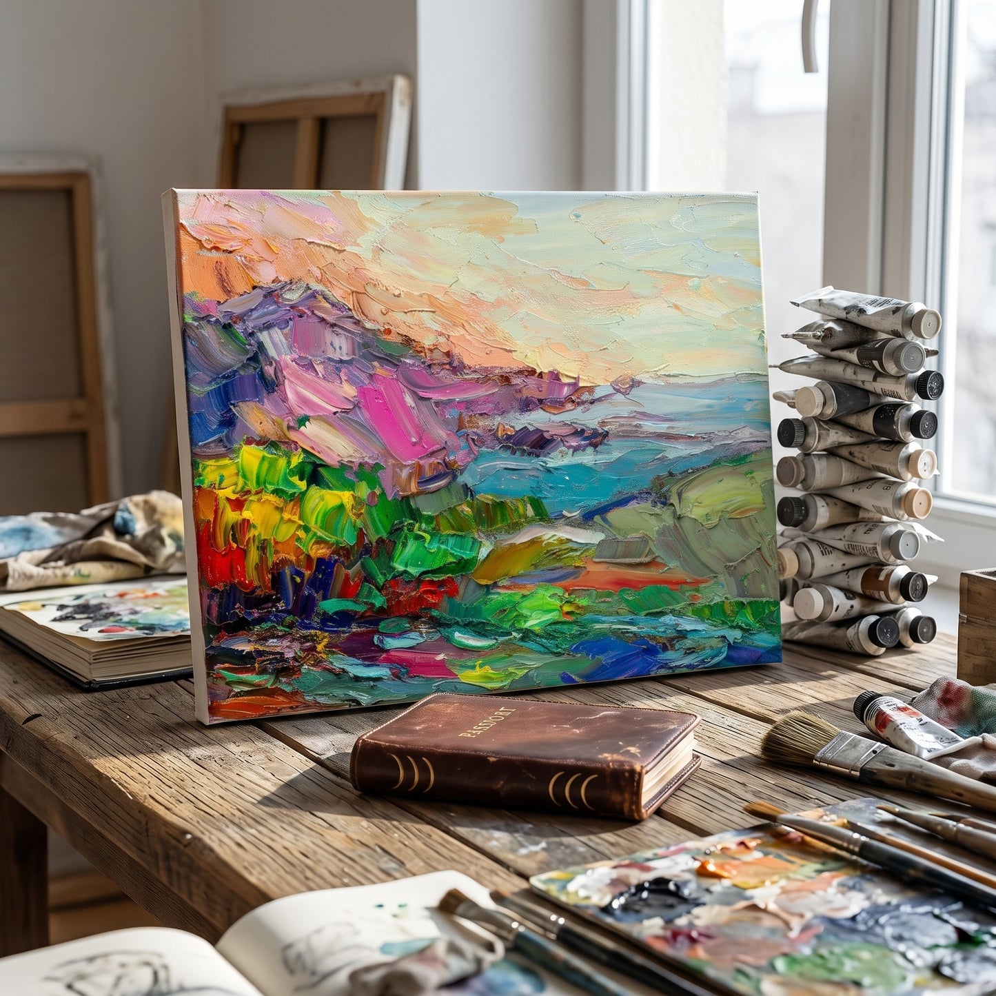 Artist's Studio, Eclectic Decor — Vibrant Expressionist Landscape Elevates Creative Space with Bold Colors and Textured Brushwork