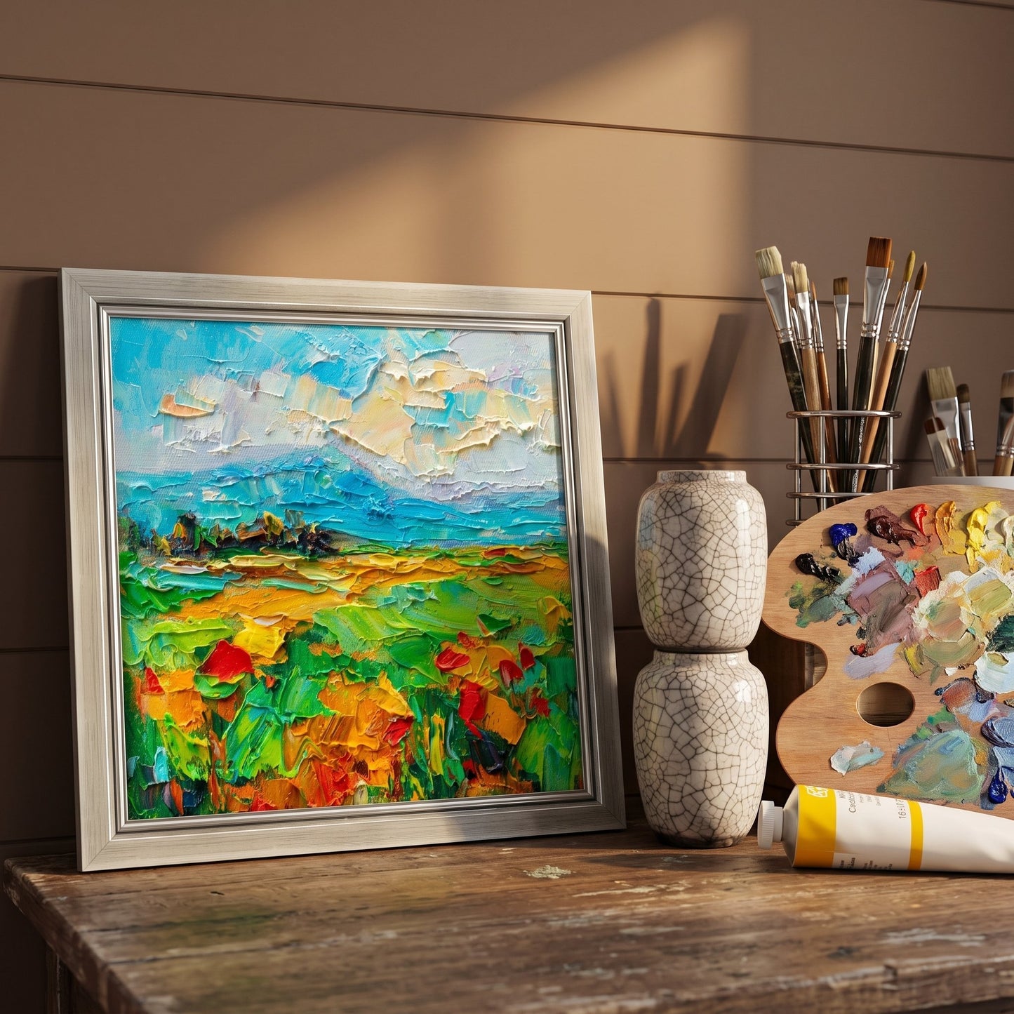 Artist's Studio, Rustic Farmhouse — Vibrant Impressionist Landscape Elevates Creative Space with Color and Texture