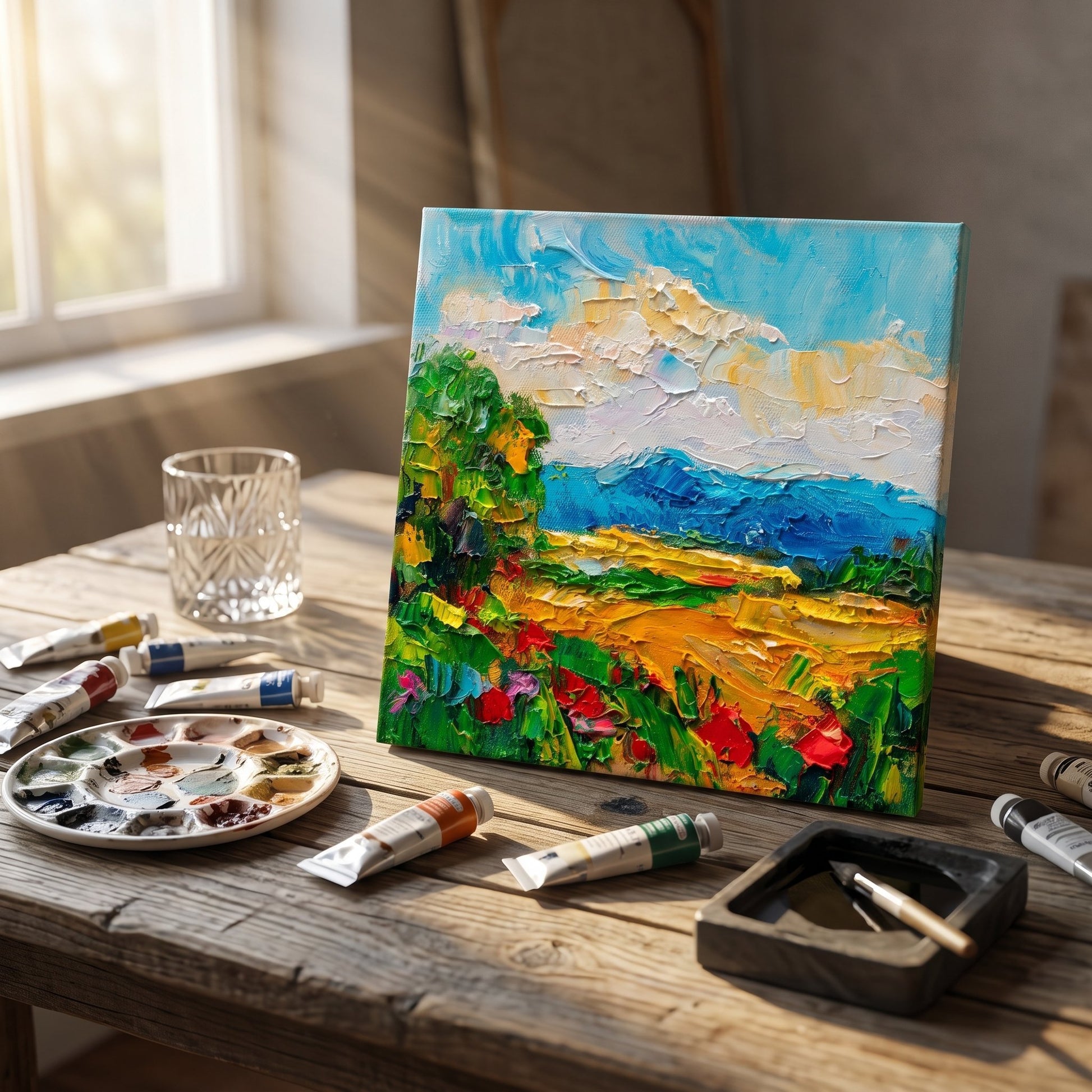 Artist's Studio, Rustic Farmhouse — Vibrant Impressionist Landscape Elevates Creative Space with Bold Colors and Textured Brushwork