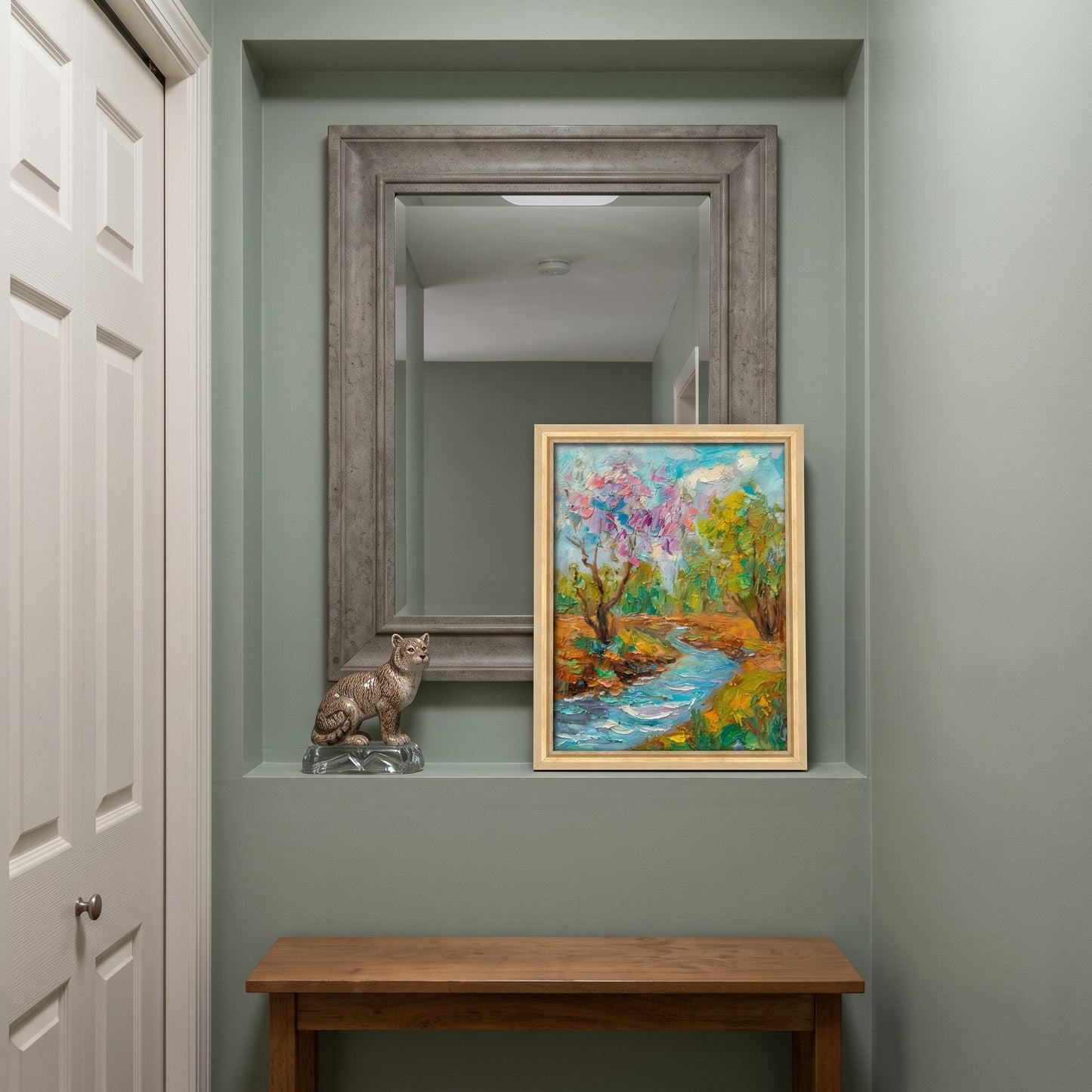 Entryway, minimalist contemporary — vibrant Impressionist landscape transforms the space with color and natural serenity
