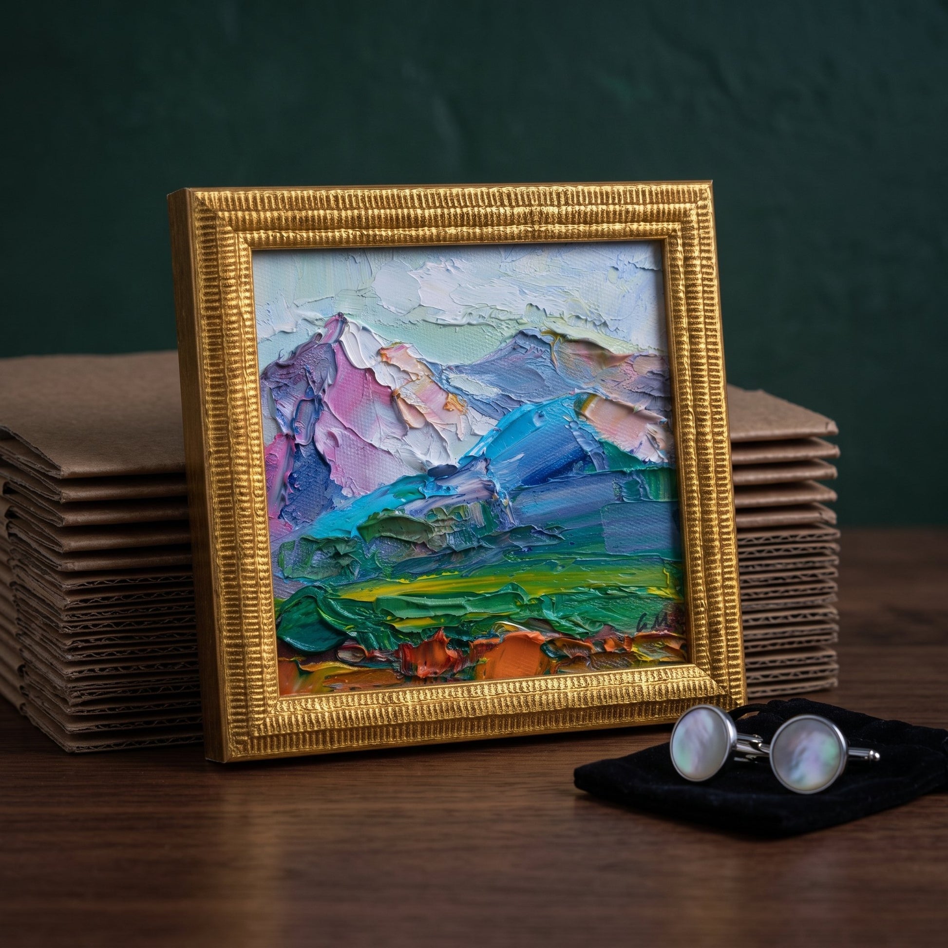 Study, eclectic decor — expressive landscape painting adds vibrant color and emotional depth to the space