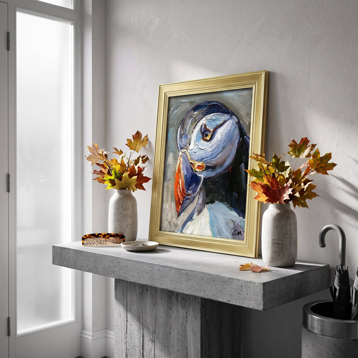 Minimalist entryway — vibrant Expressionist puffin painting adds color and character to a serene, modern space