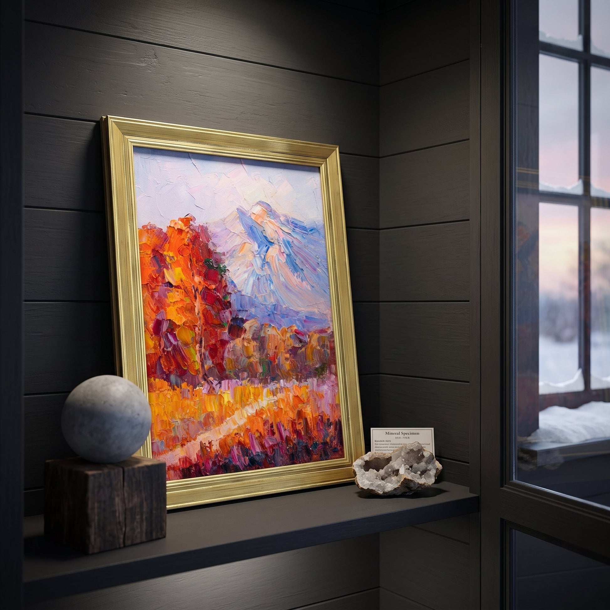 Rustic Farmhouse Entryway — Vibrant Impressionist Landscape Adds Warmth and Artistic Depth to Dark Wood Interior