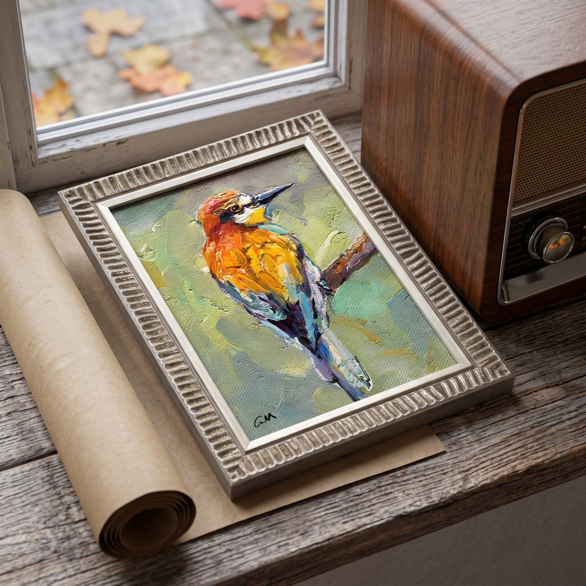 Rustic farmhouse study — vibrant Impressionist bird painting brings nature and warmth to a vintage-inspired reading nook