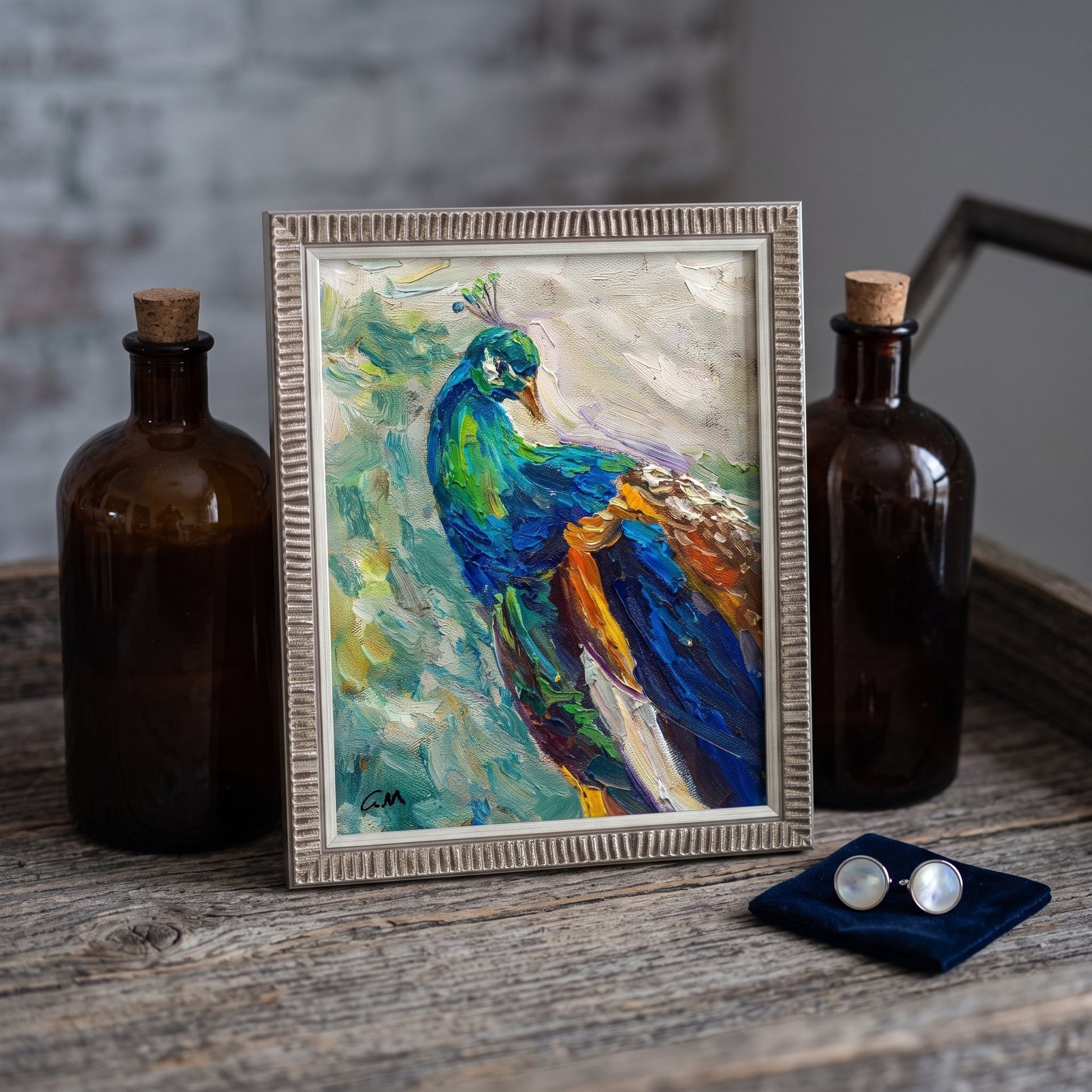 Rustic Farmhouse Entryway — Vibrant peacock painting adds color and life to a weathered wood display