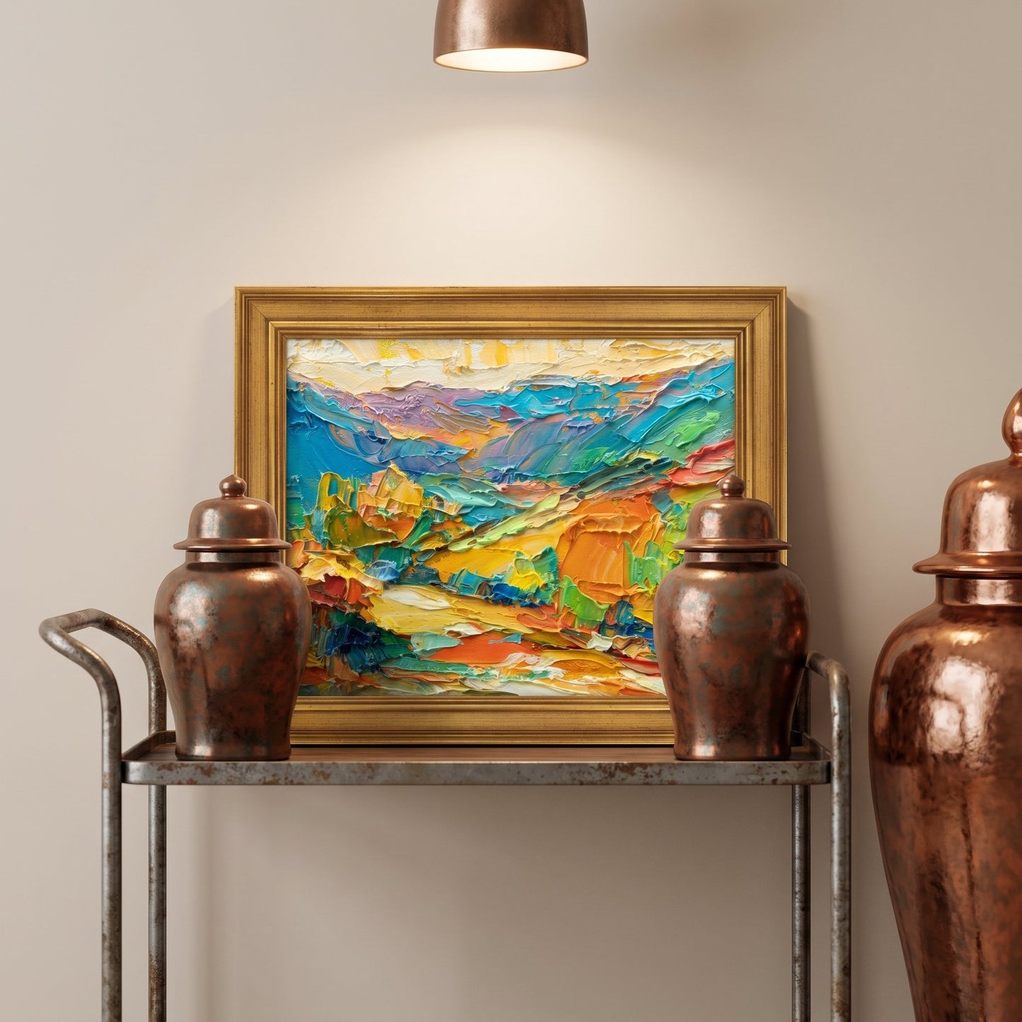 Minimalist entryway — vibrant expressionist landscape painting adds color and energy to neutral space