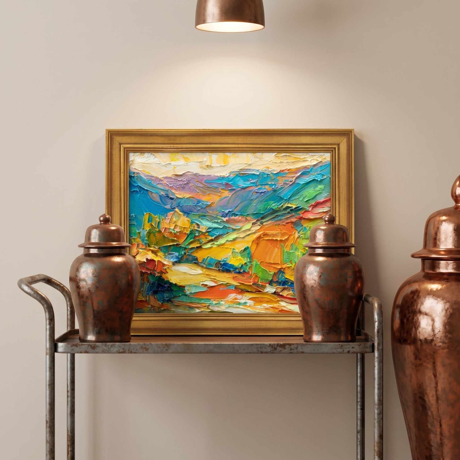 Minimalist entryway — vibrant expressionist landscape painting adds color and energy to neutral space