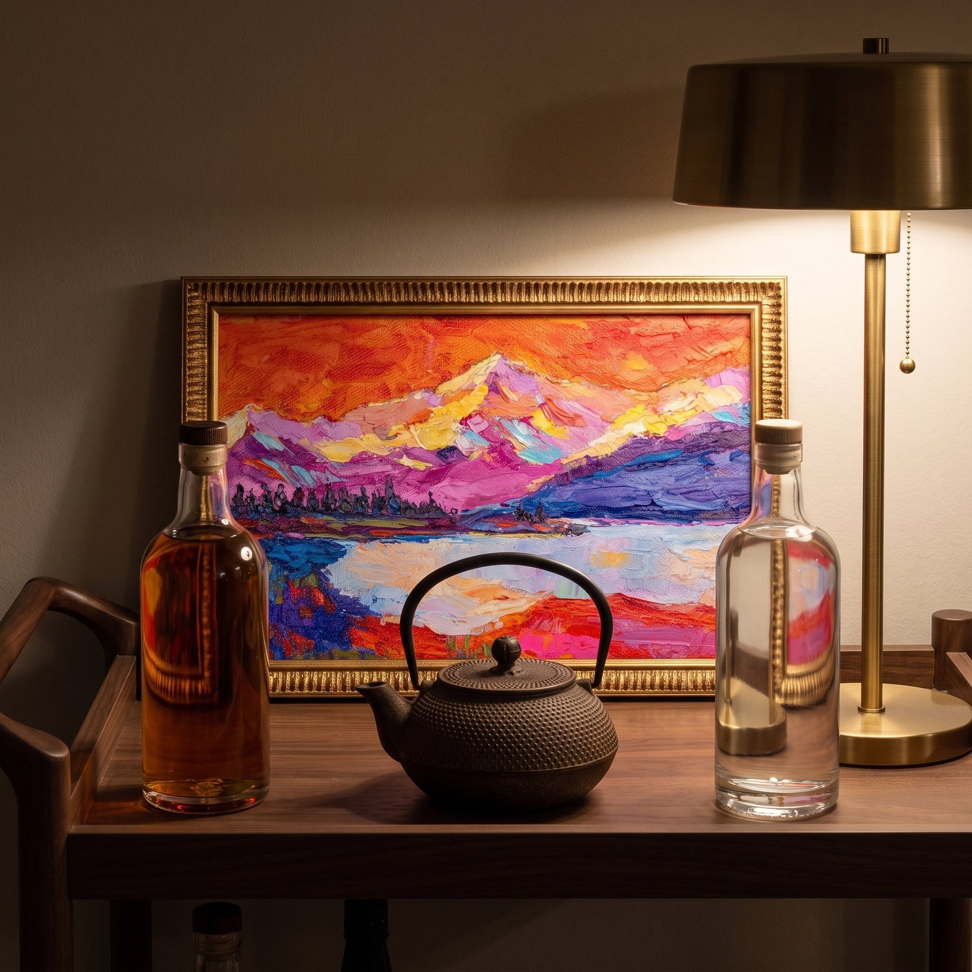 Contemporary living room — vibrant expressionist landscape painting adds warmth and drama to minimalist decor