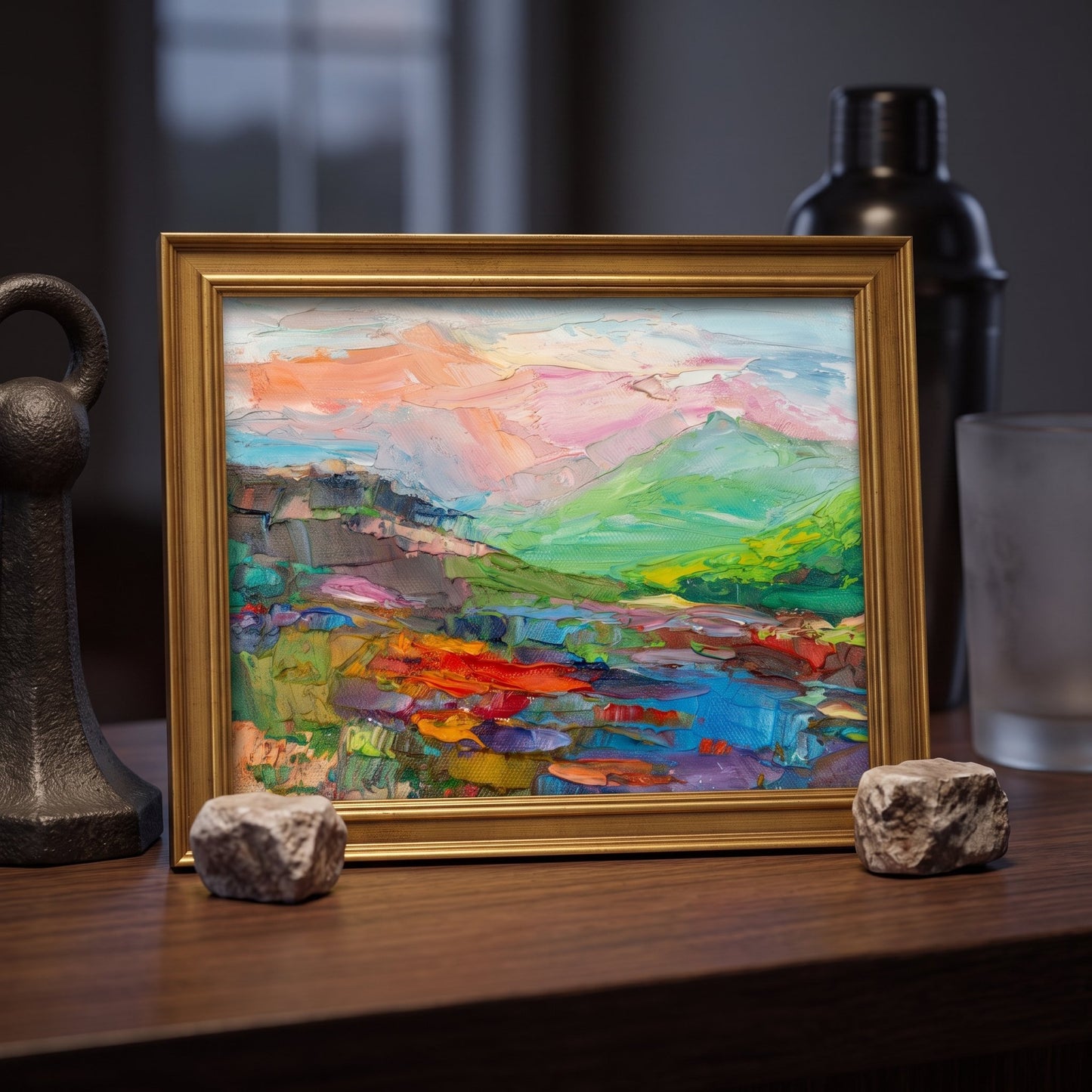 Contemporary study — Vibrant landscape painting adds color and emotion to a minimalist space