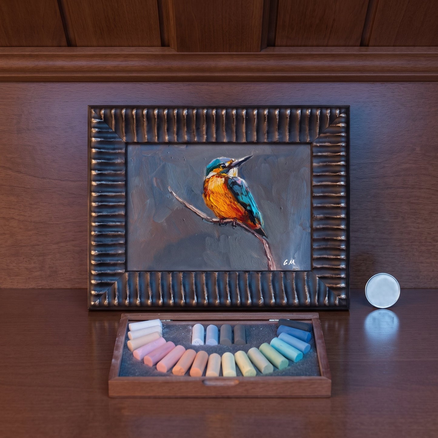 Rustic Farmhouse Study — Original oil painting of a kingfisher adds vibrant color and natural elegance to the warm wood interior