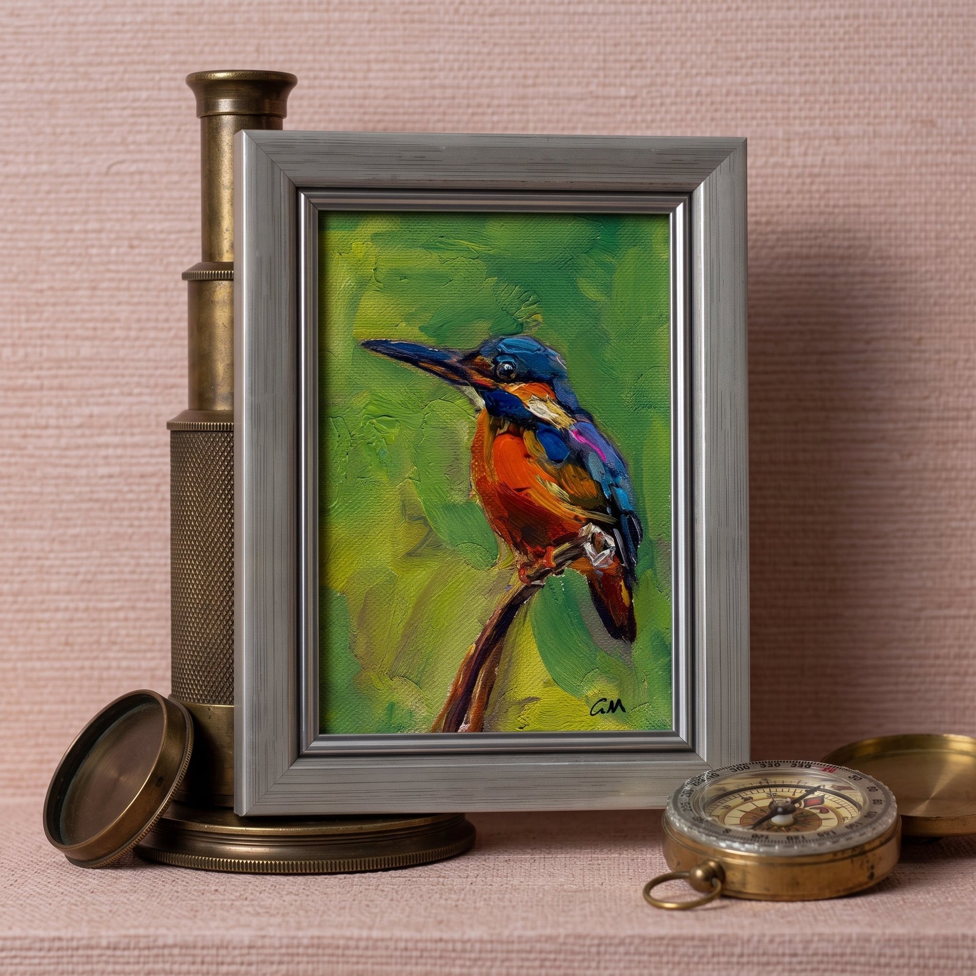 Vintage study — vibrant kingfisher painting adds color and life to antique decor