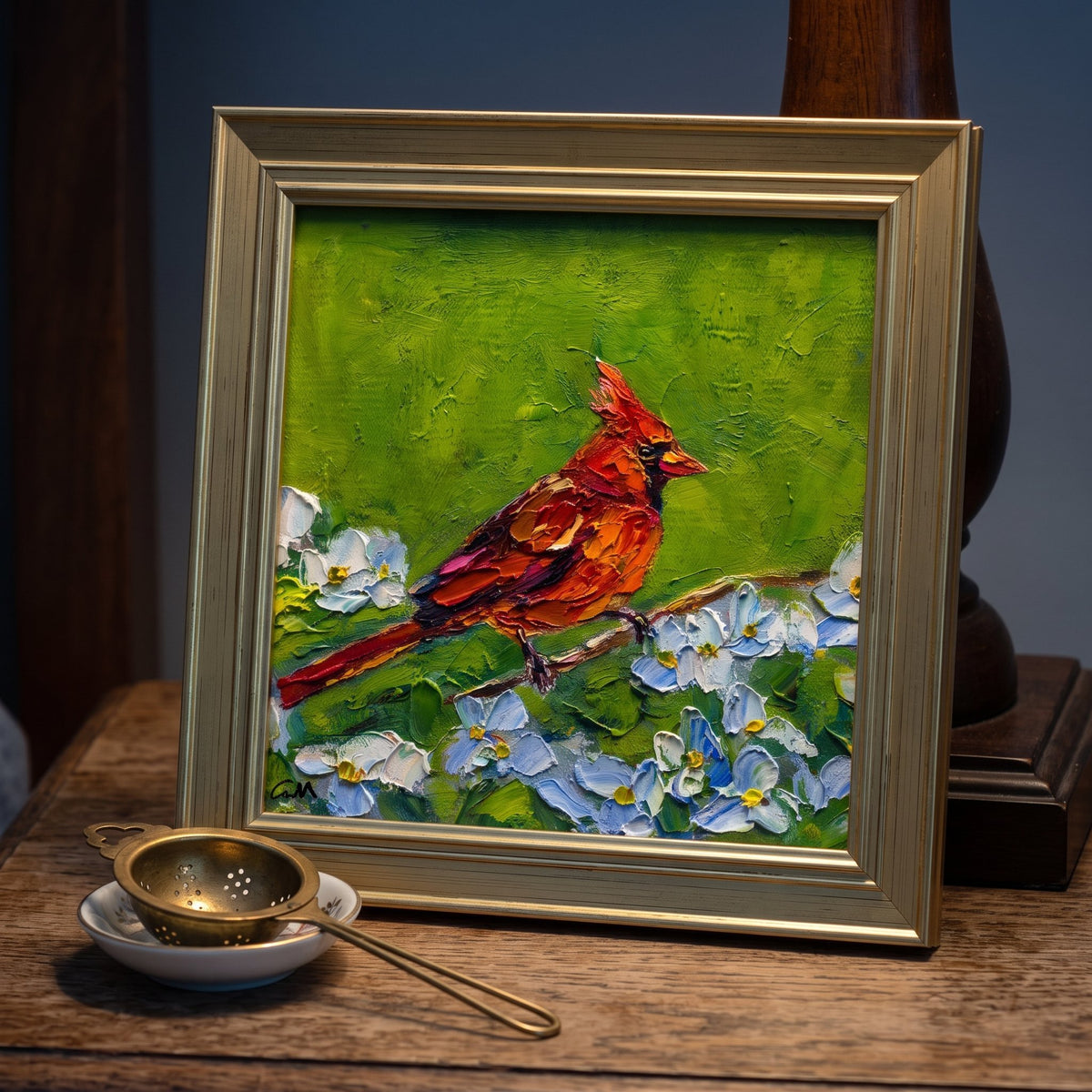 Rustic Farmhouse Kitchen — Vibrant Impressionist bird painting adds natural warmth and color to a vintage wooden sideboard