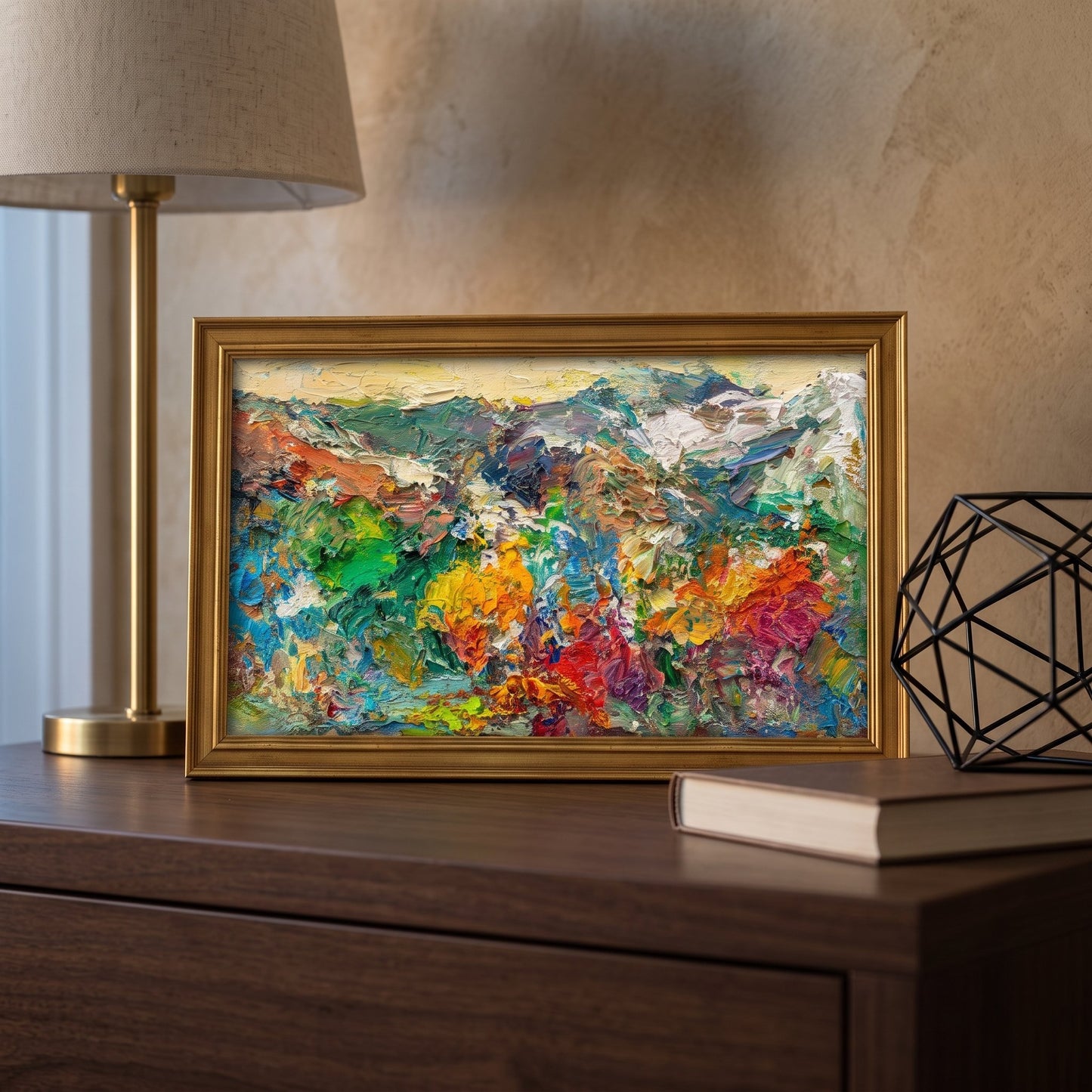 Contemporary living room — vibrant abstract landscape painting adds color and energy to minimalist space